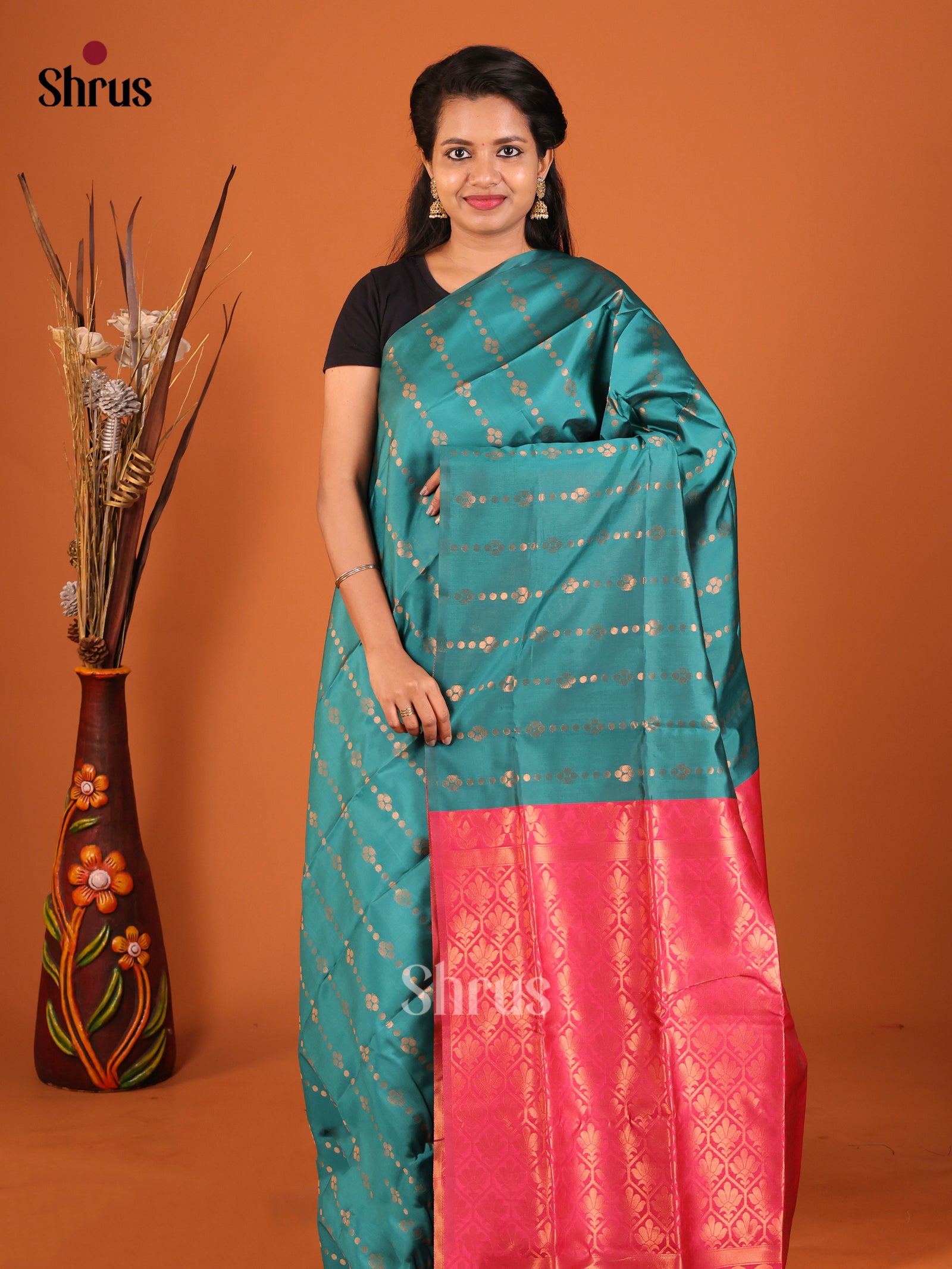 Green & Pink - Semi Softsilk Saree - Shop on Shrus.com