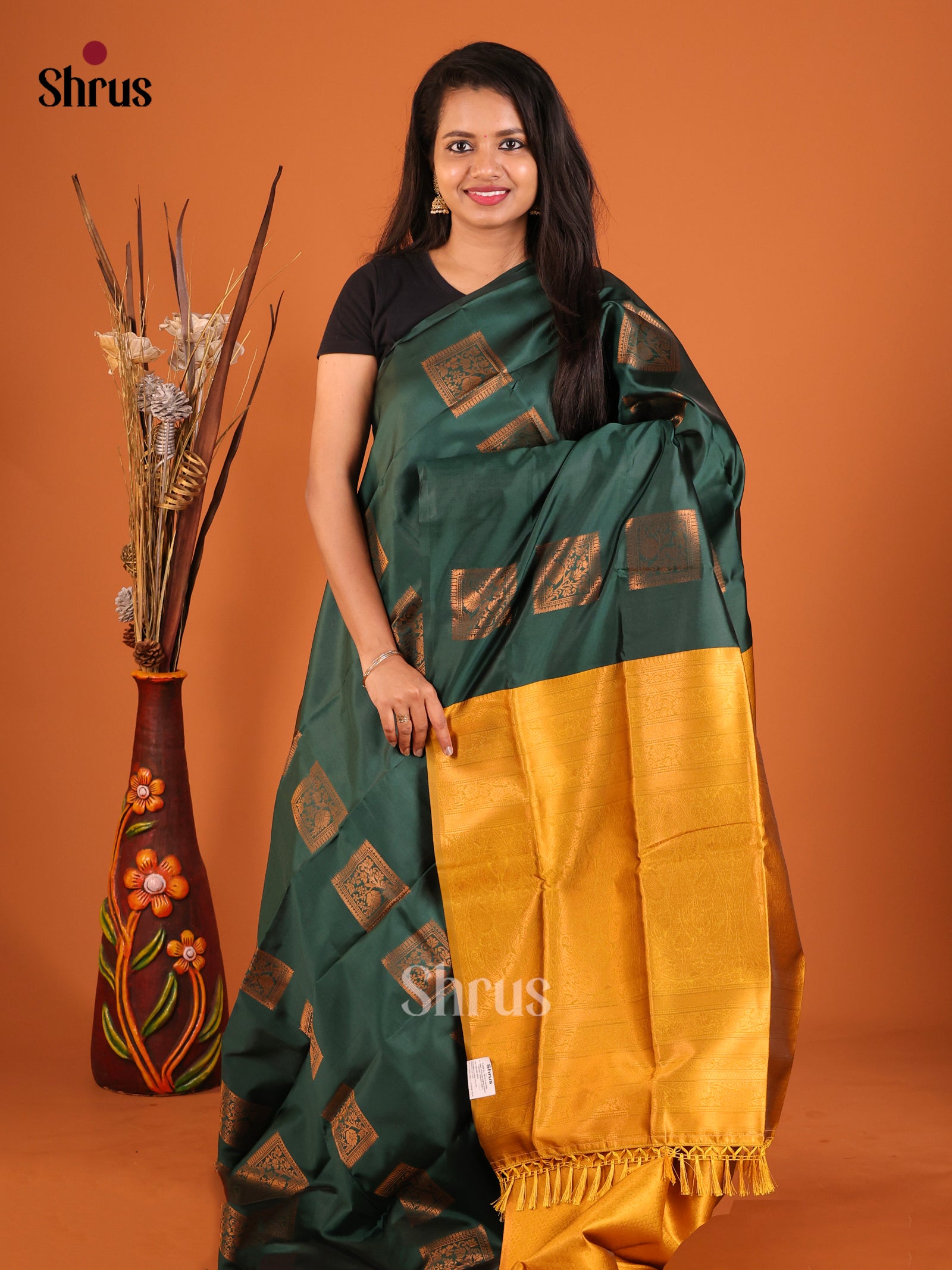Green & Mustard - Semi Softsilk Saree - Shop on Shrus.com
