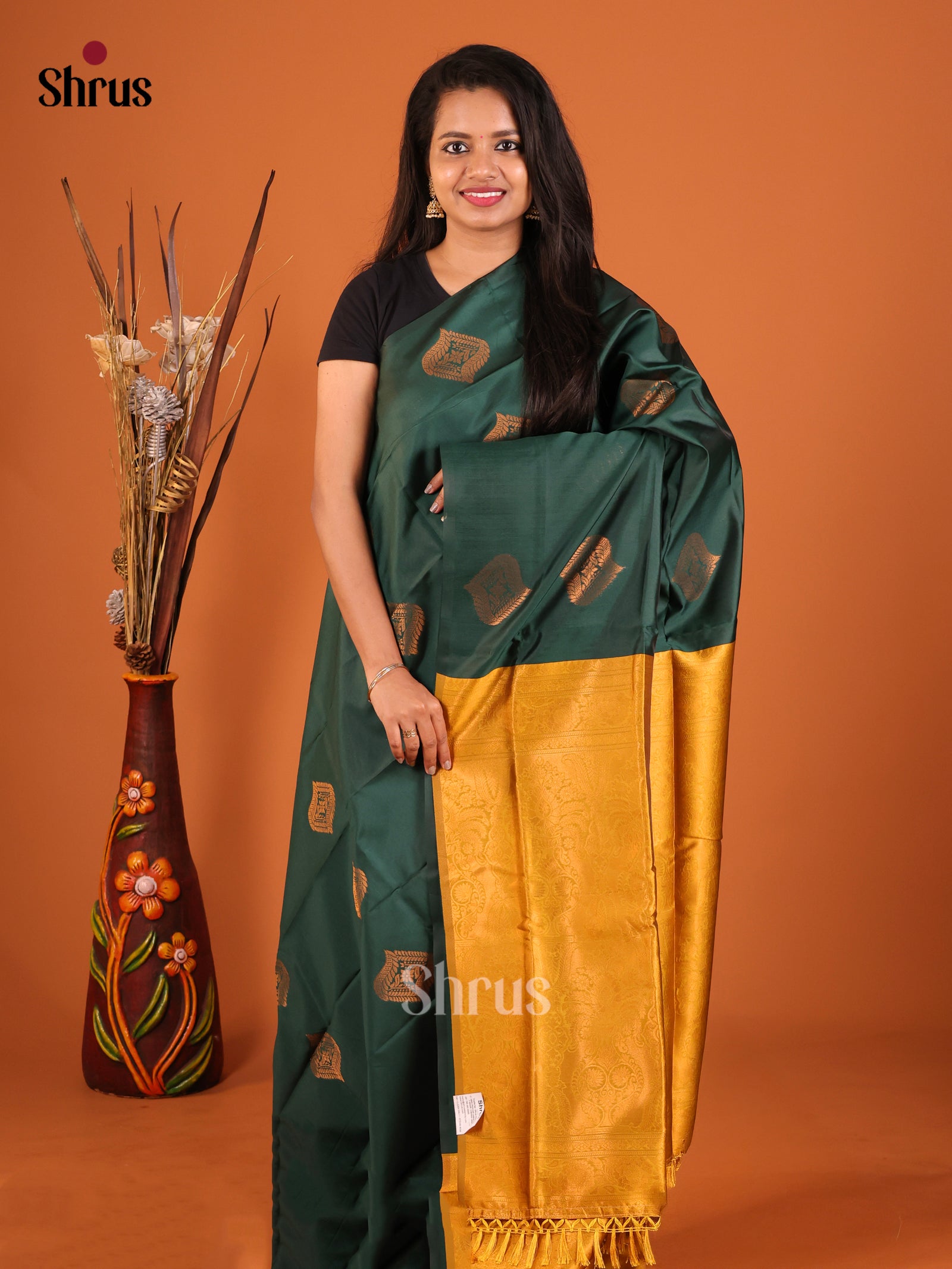 Green & Mustard - Semi Softsilk Saree - Shop on Shrus.com
