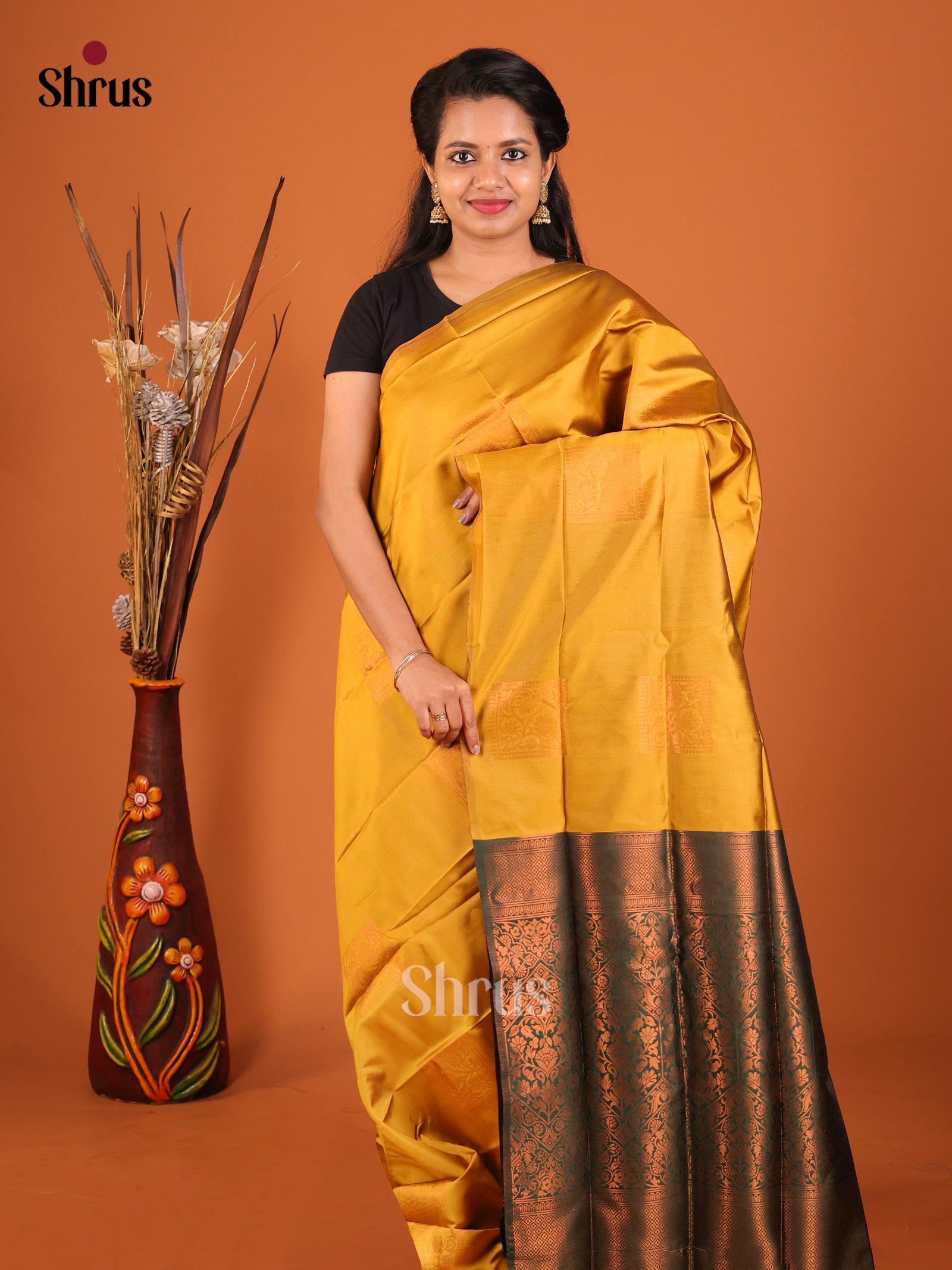 Mustard & Green- Semi Softsilk Saree - Shop on Shrus.com