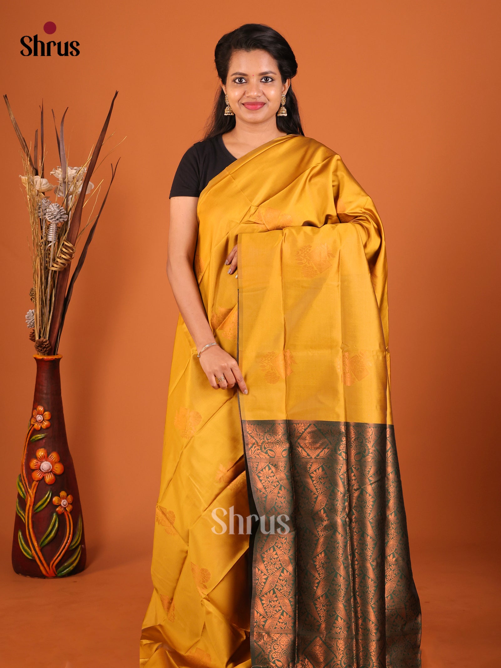 Mustard & Green - Semi Softsilk Saree - Shop on Shrus.com