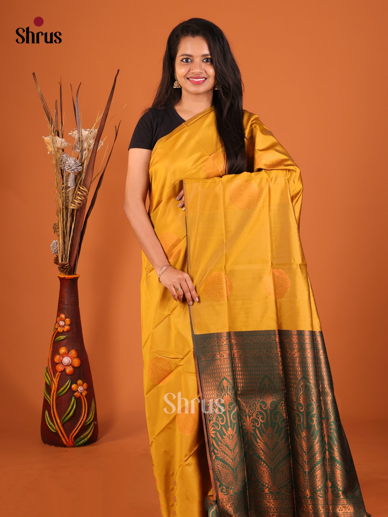 Mustard & Green - Semi Softsilk Saree - Shop on Shrus.com