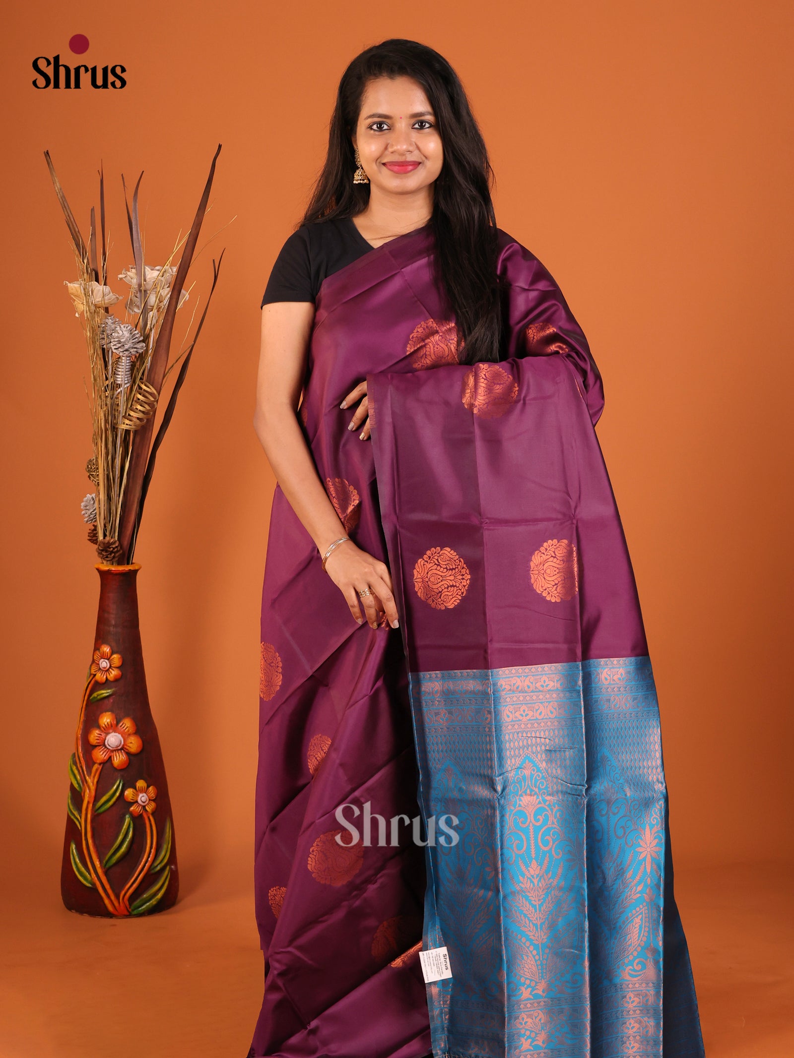 Purple & Blue - Semi Softsilk Saree - Shop on Shrus.com