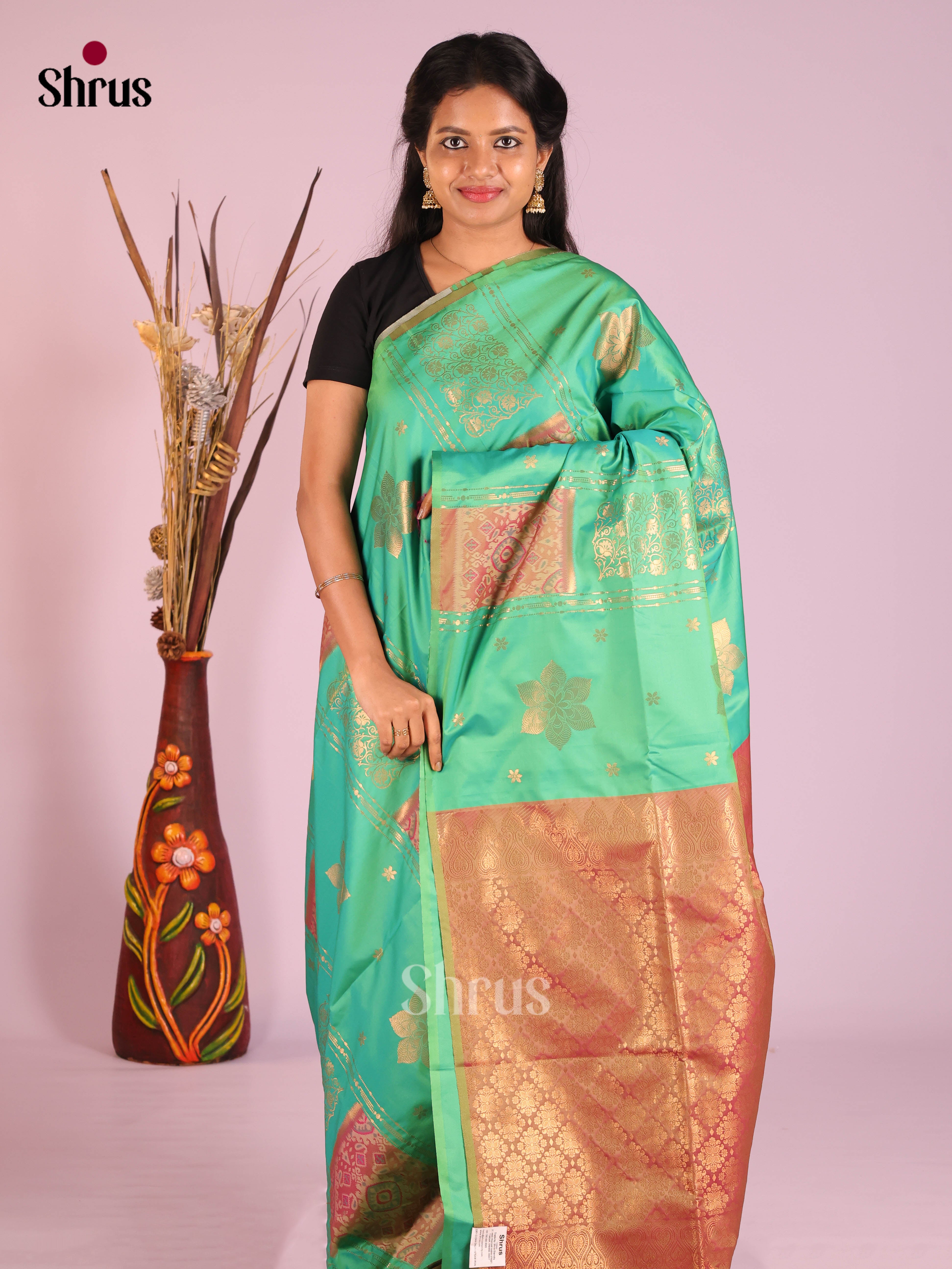 Green & Maroon - Semi Softsilk Saree