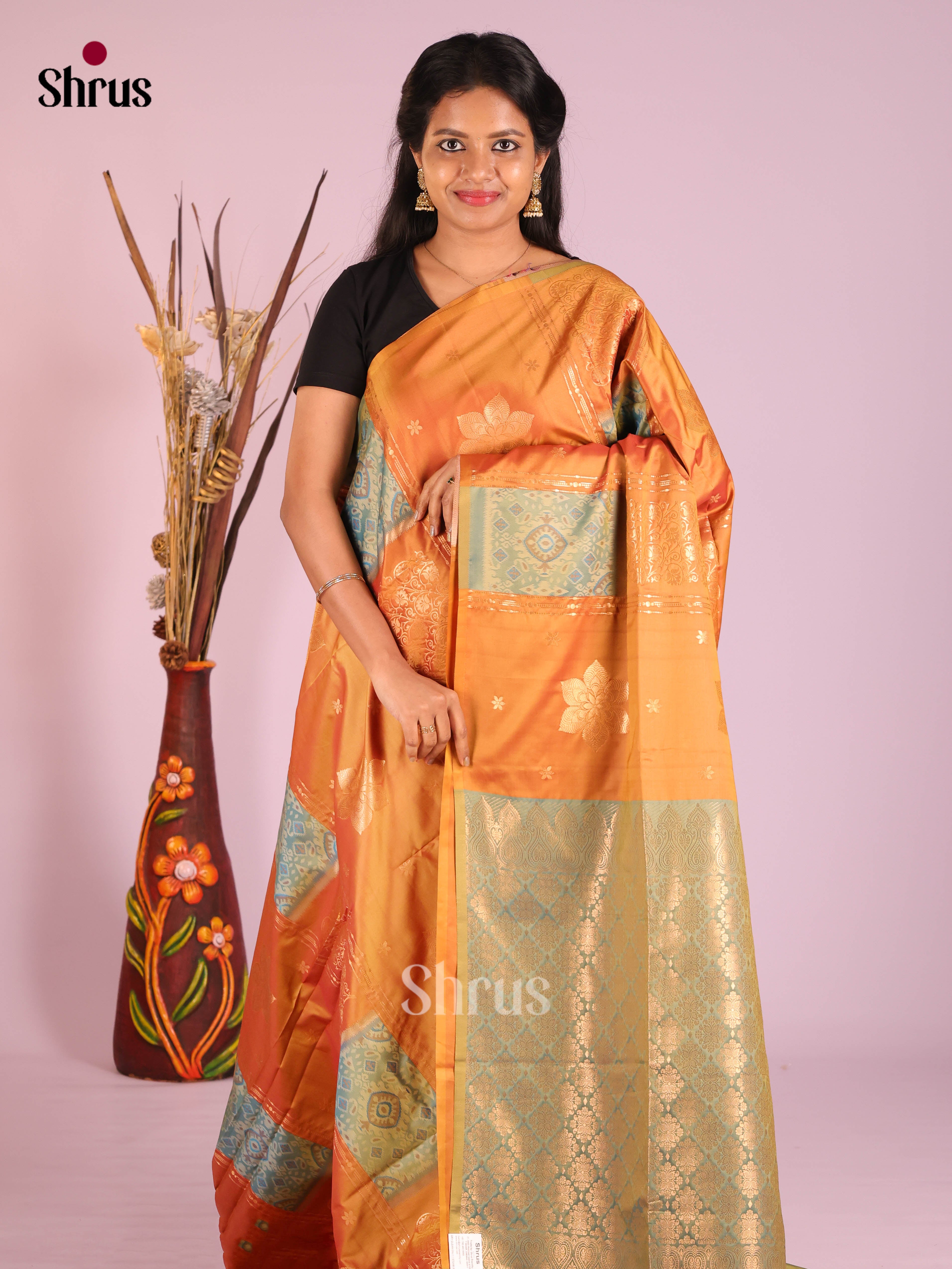 Orange & Green - Semi Softsilk Saree