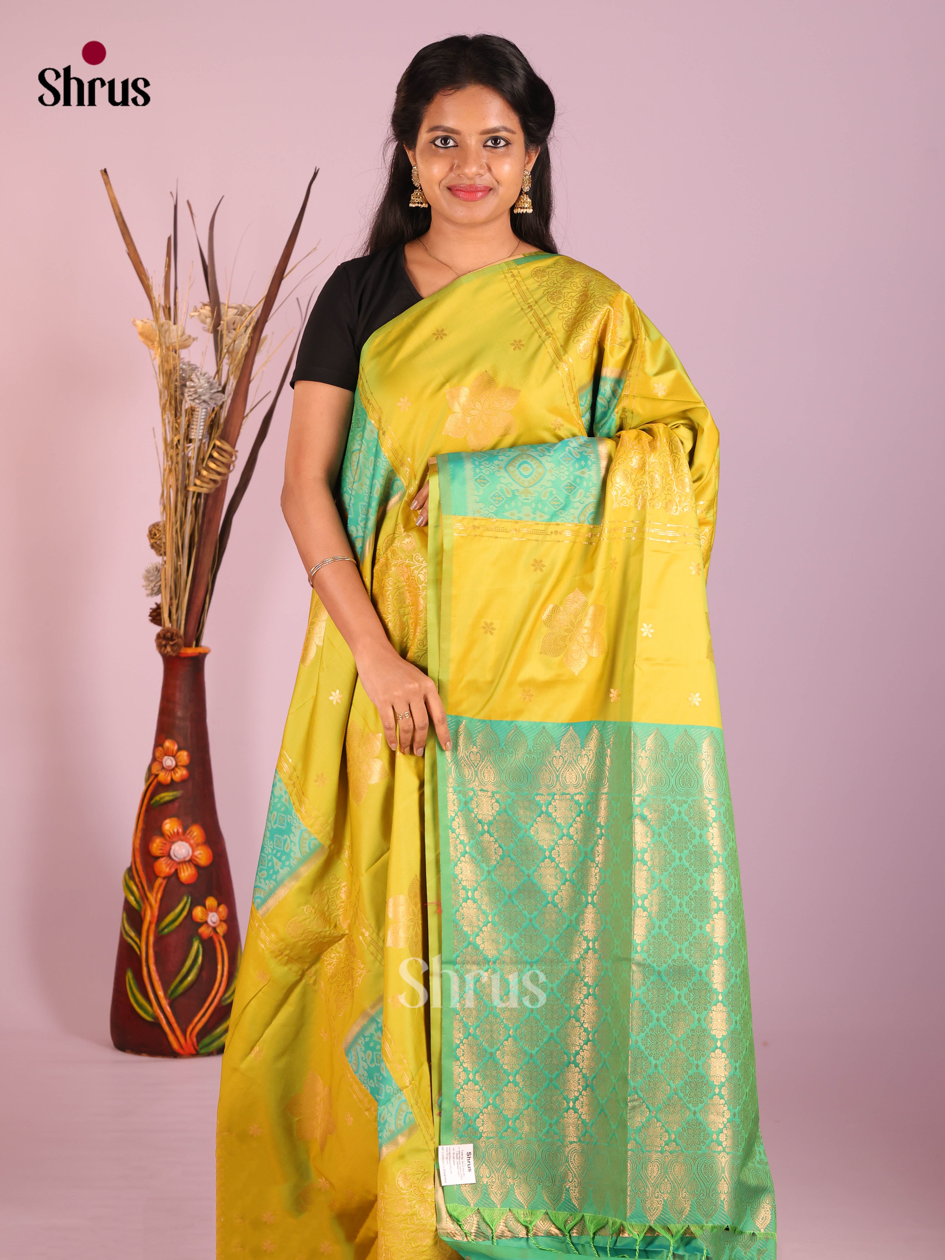 Mustardy Green & Green - Semi Softsilk Saree