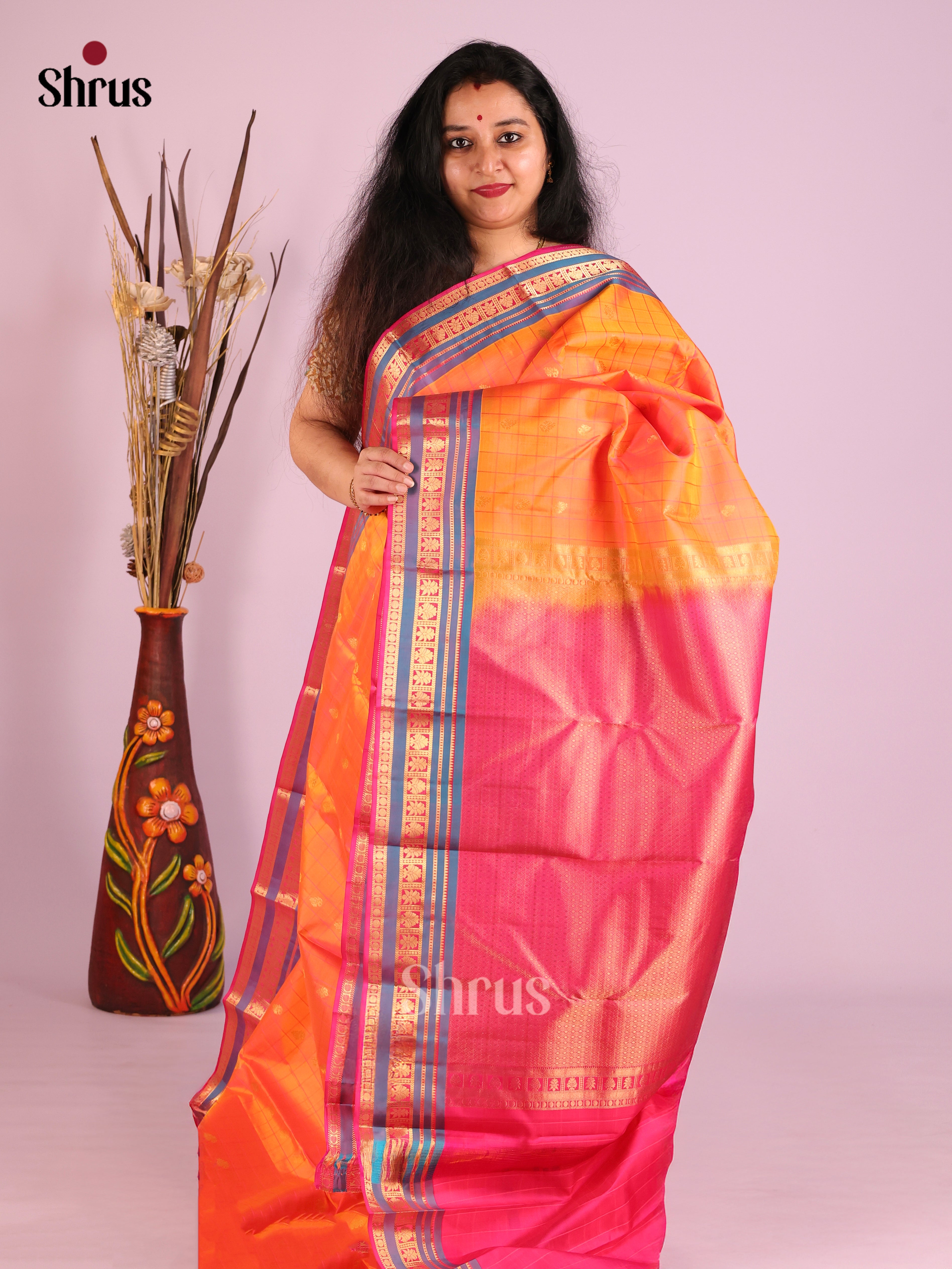 Vibrant Orange Kanjivaram Saree with self checks, zari buttas & Pink Pallu
