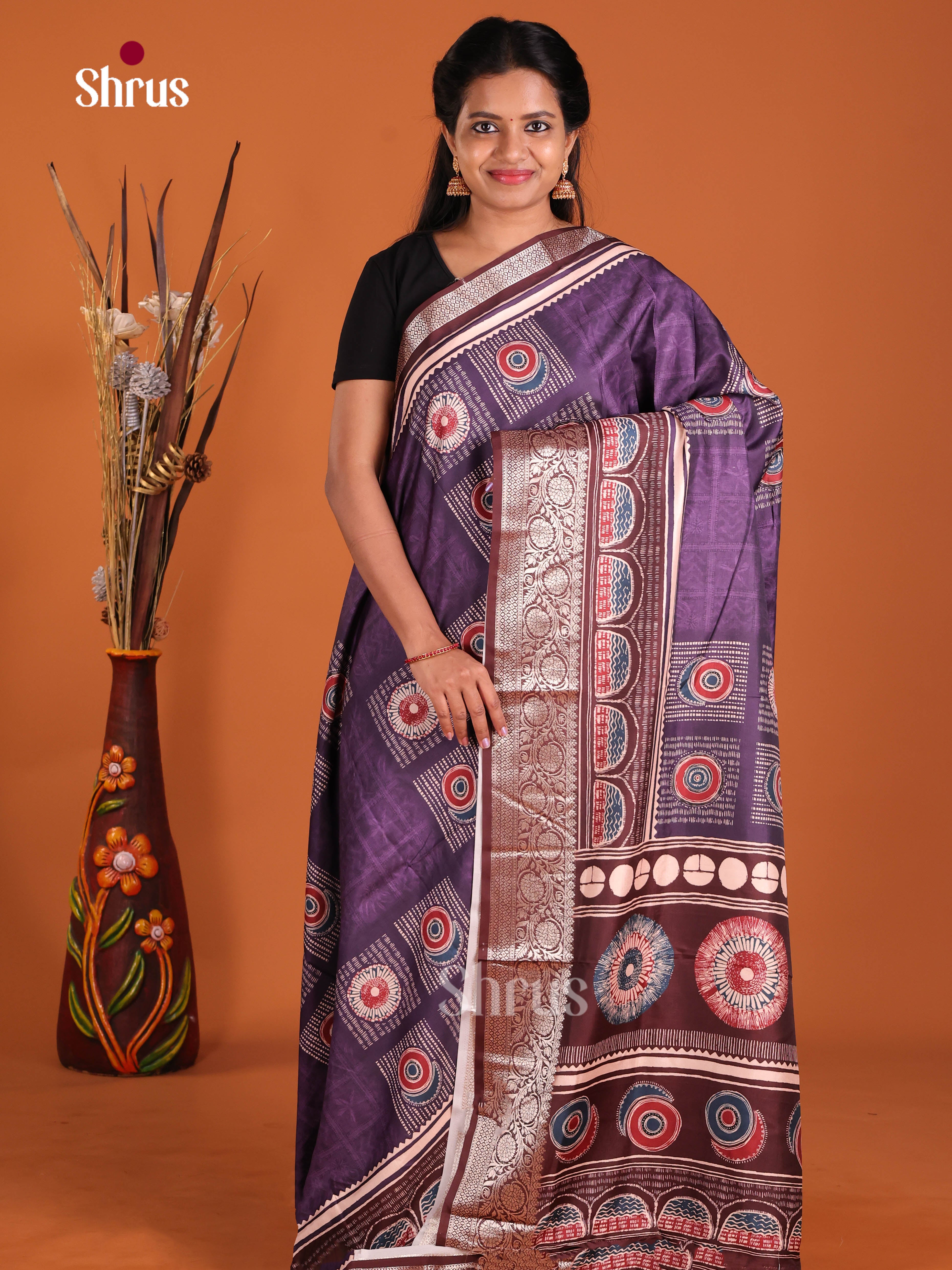 Purple & Brown - Semi Modal Saree
