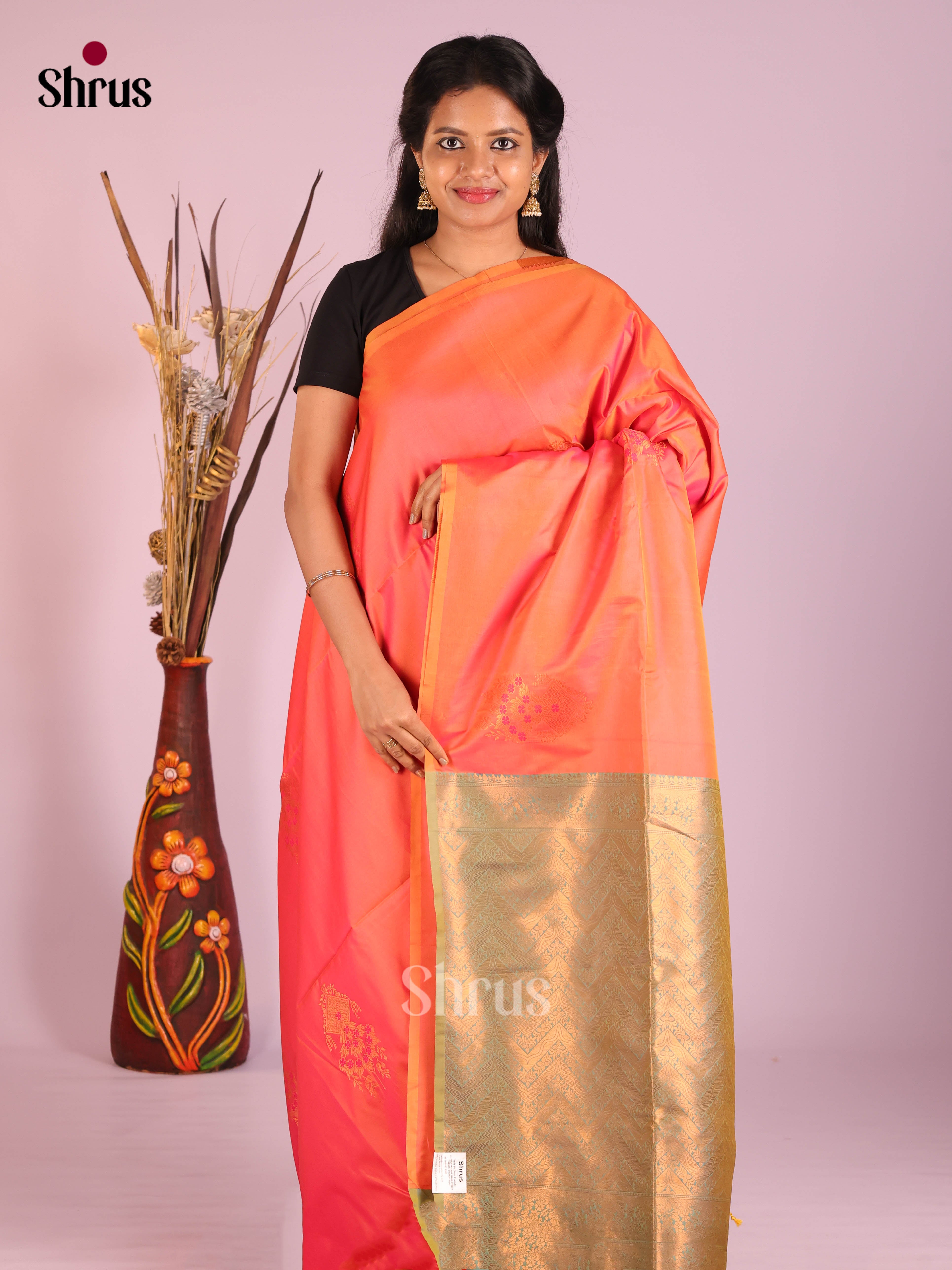 Orange & Green - Semi Softsilk Saree