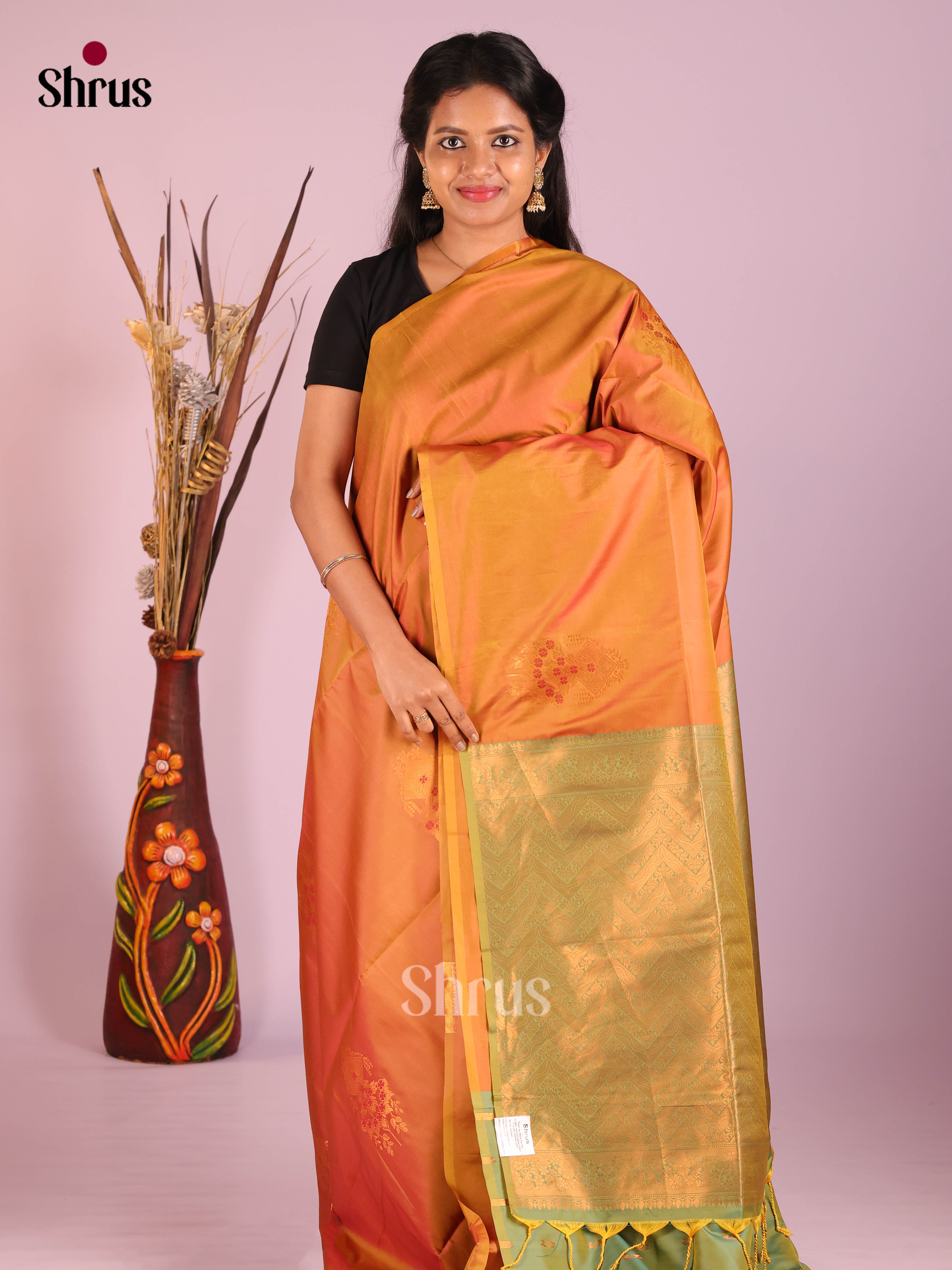 Orange & Green - Semi Softsilk Saree