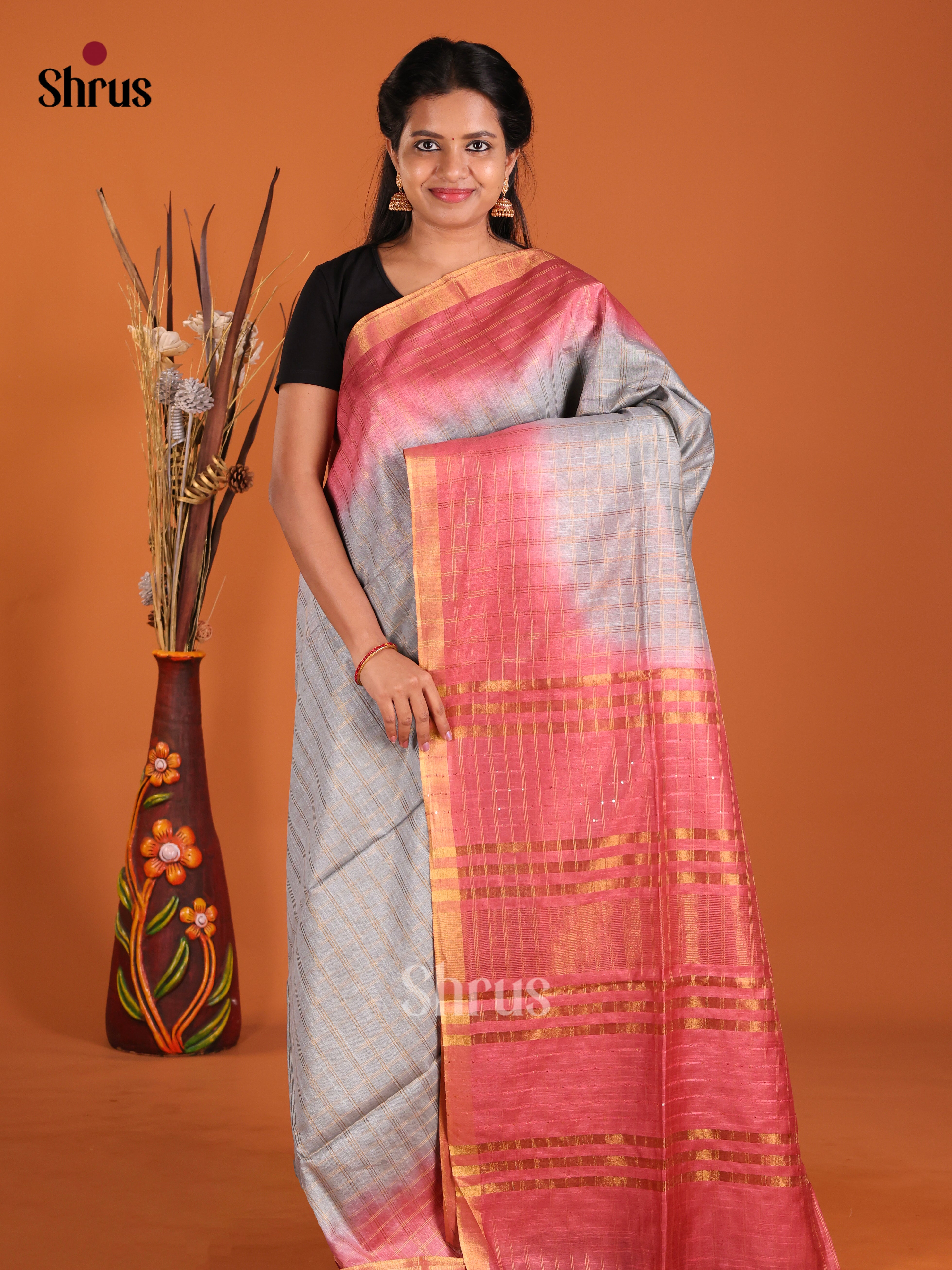 Grey & Brick- Semi Tussar Saree