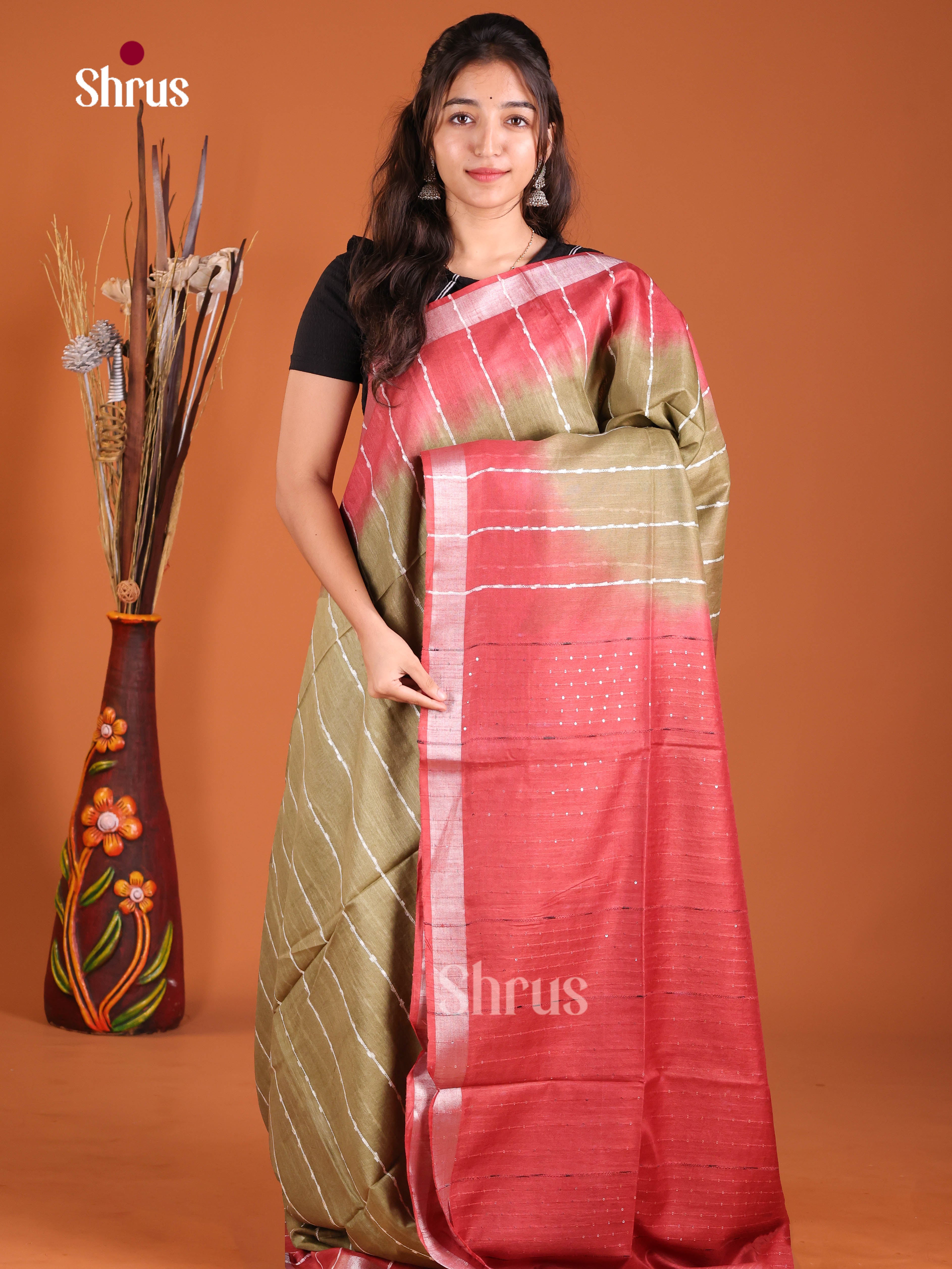 Chutney Green & Red - Semi Tussar Saree