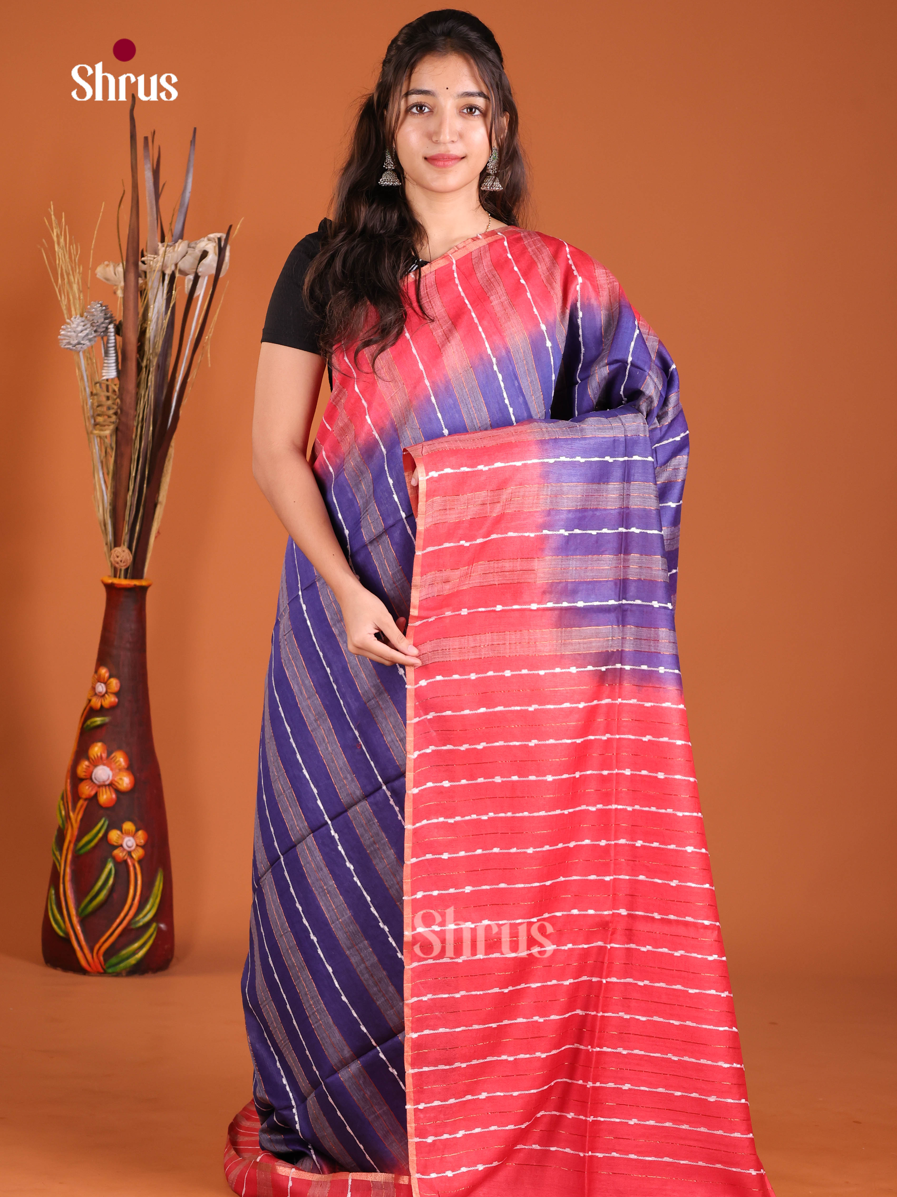 Blue & Red - Semi Tussar Saree