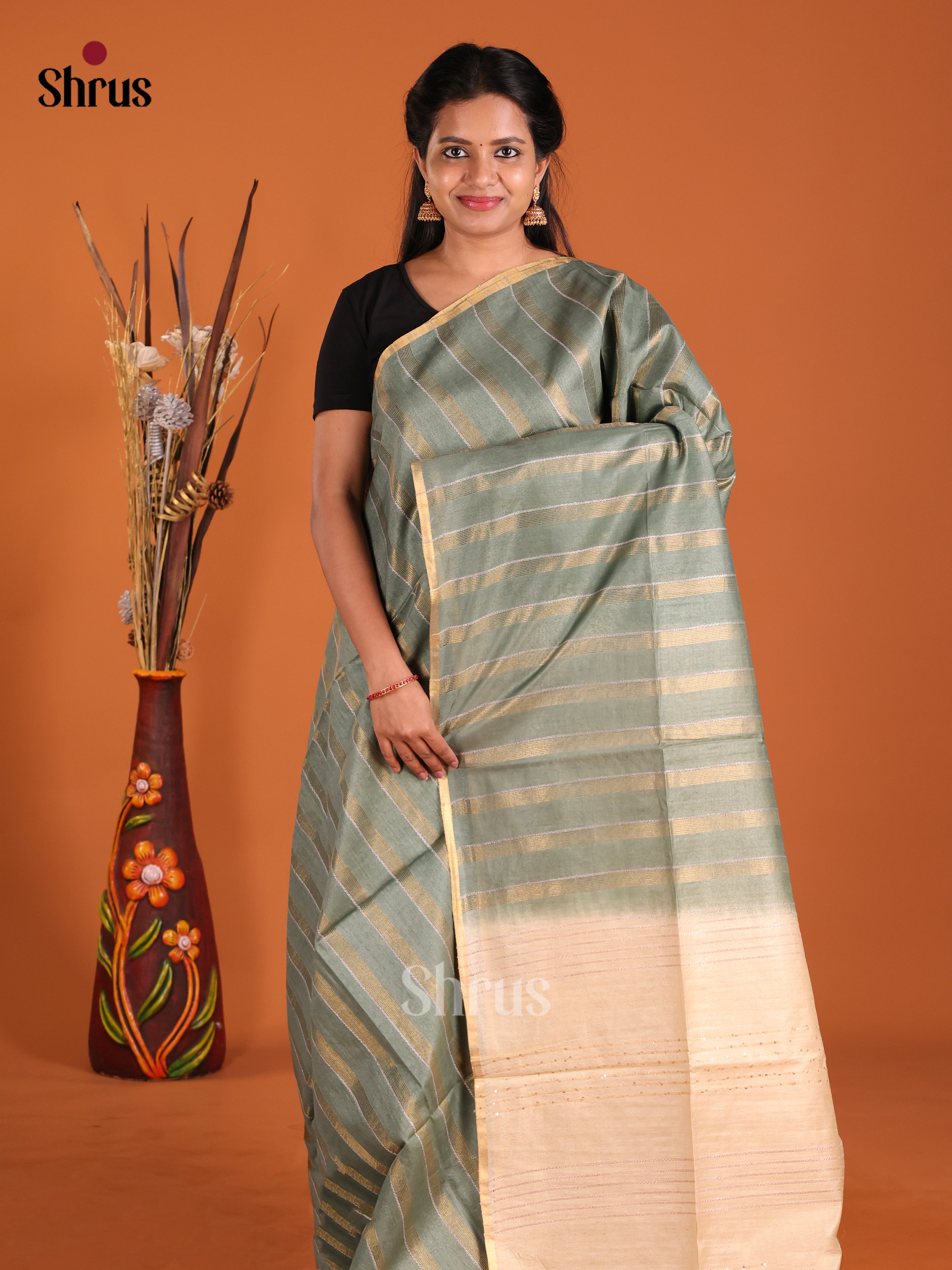 Grey Green & Cream- Semi Tussar Saree