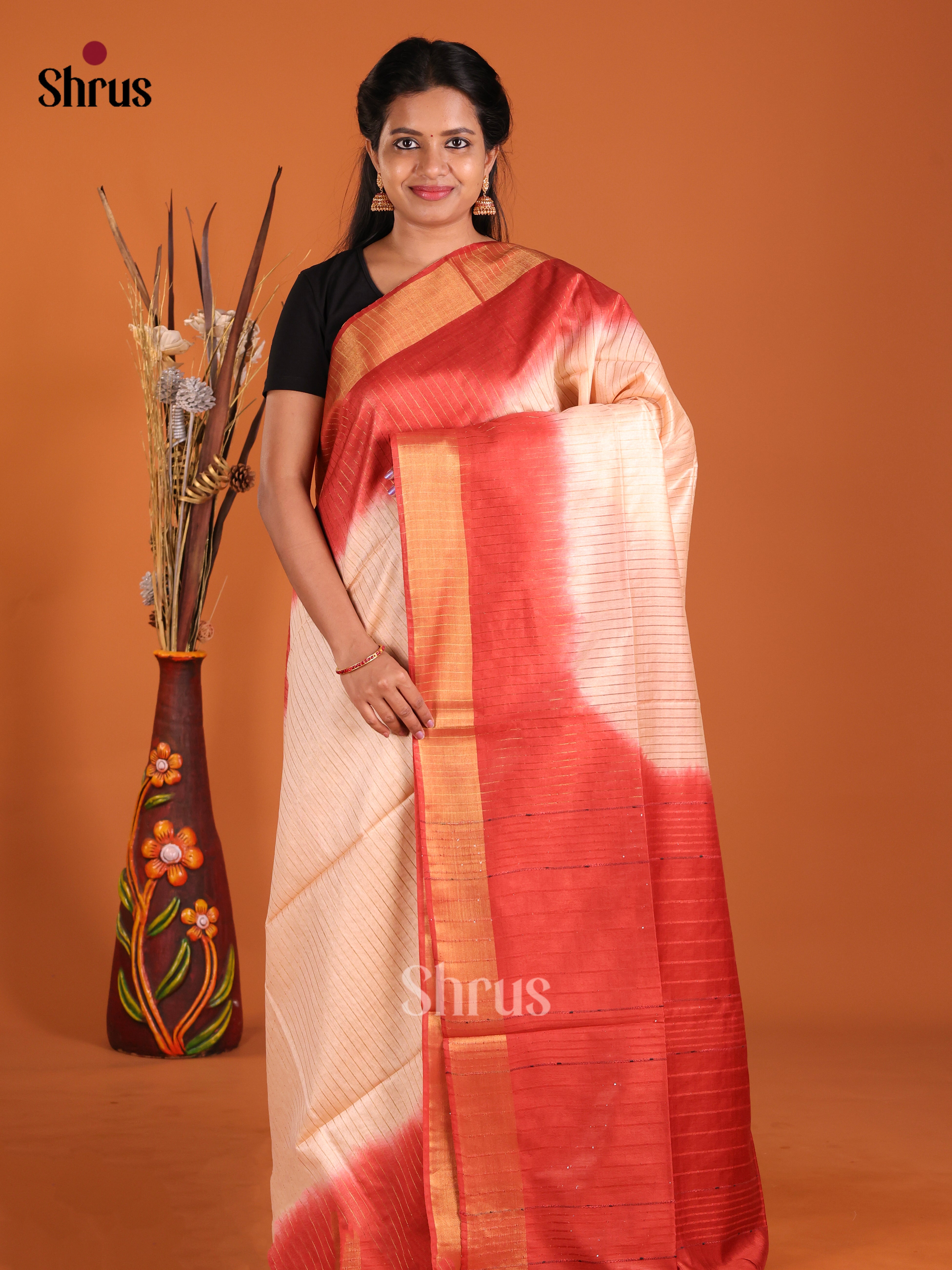 Cream & Red - Semi Tussar Saree