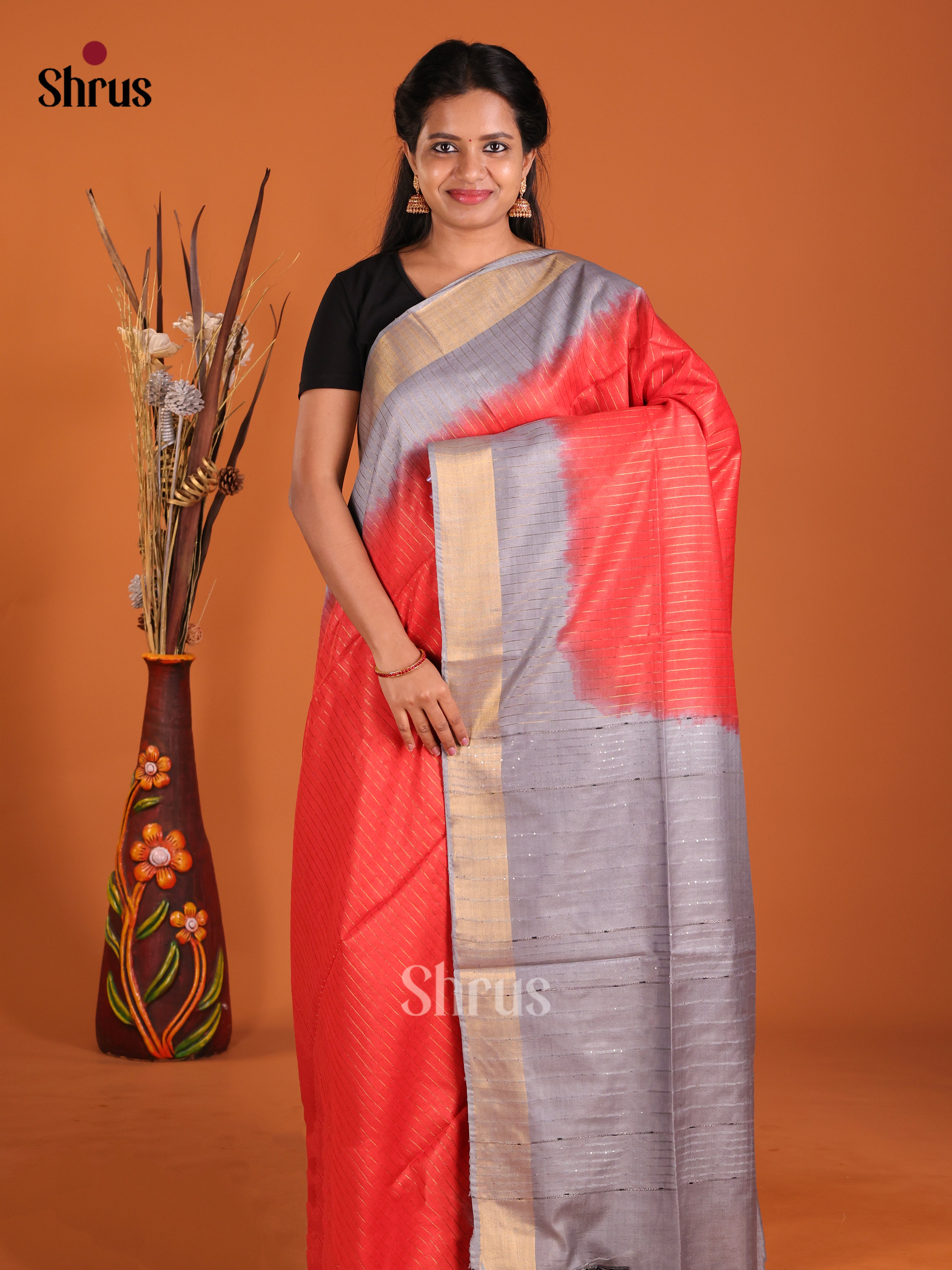 Red & Grey - Semi Tussar Saree