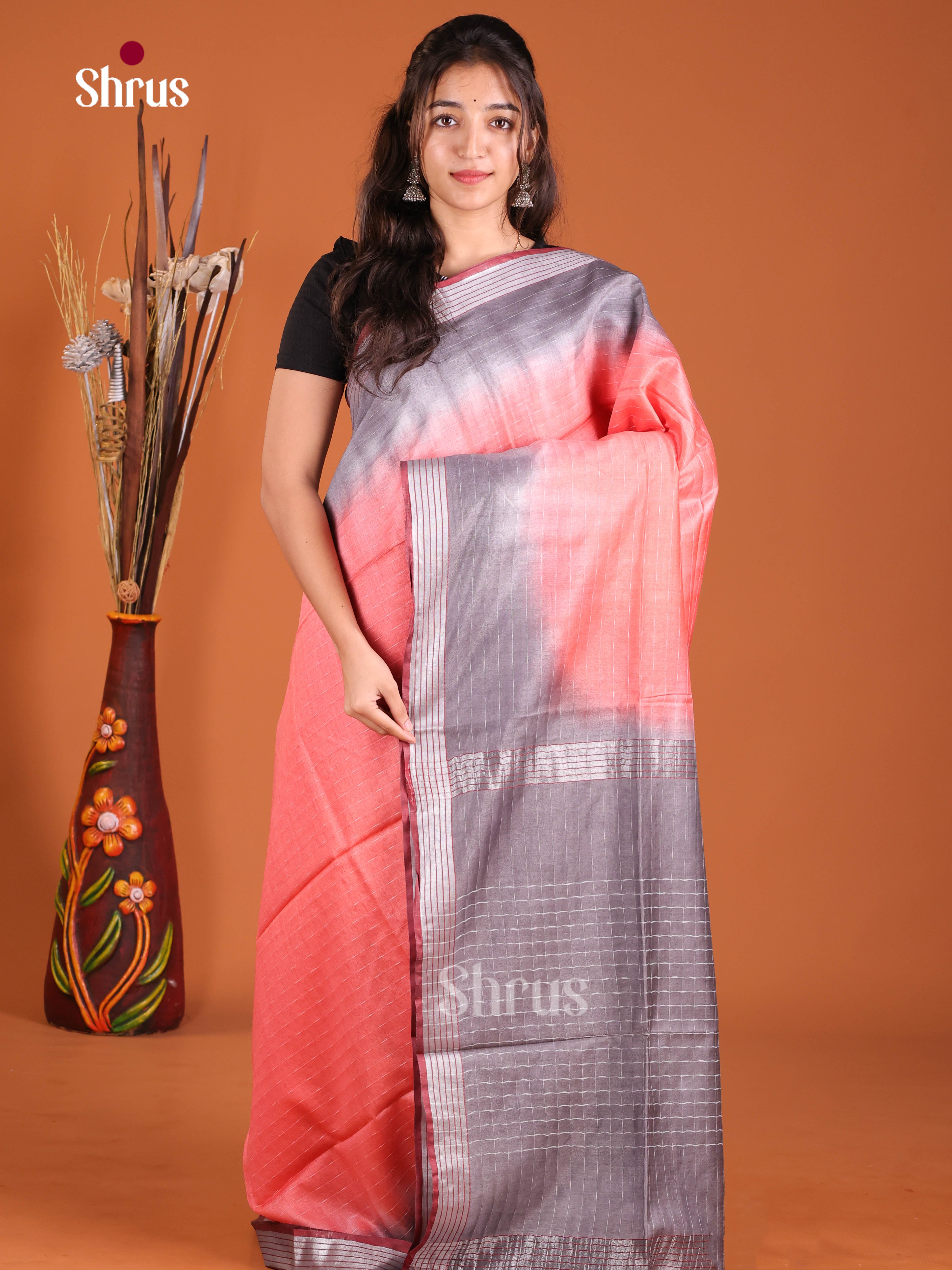 Pink & Grey - Semi Tussar Saree
