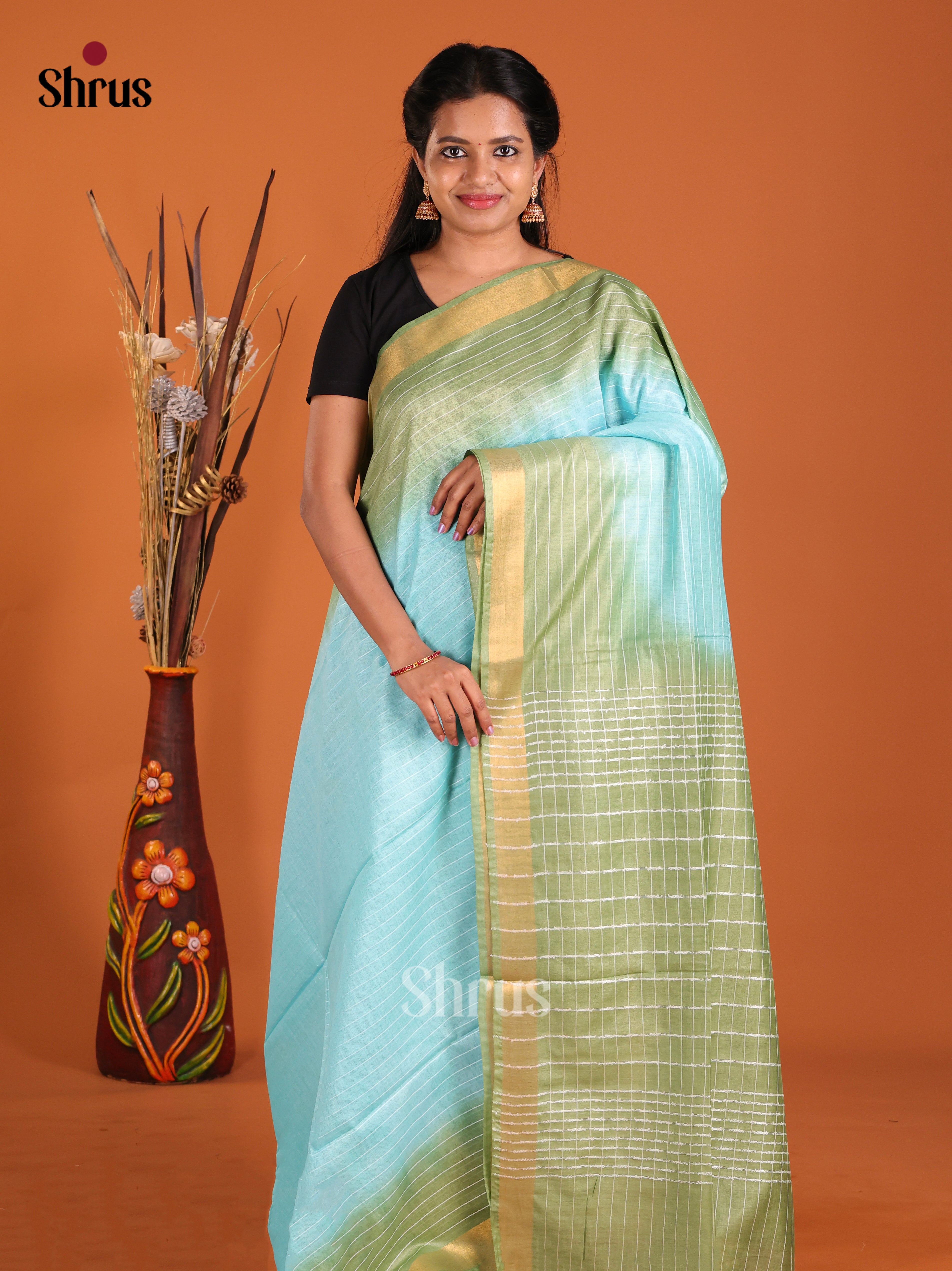 Pastel Blue & Green- Semi Tussar Saree