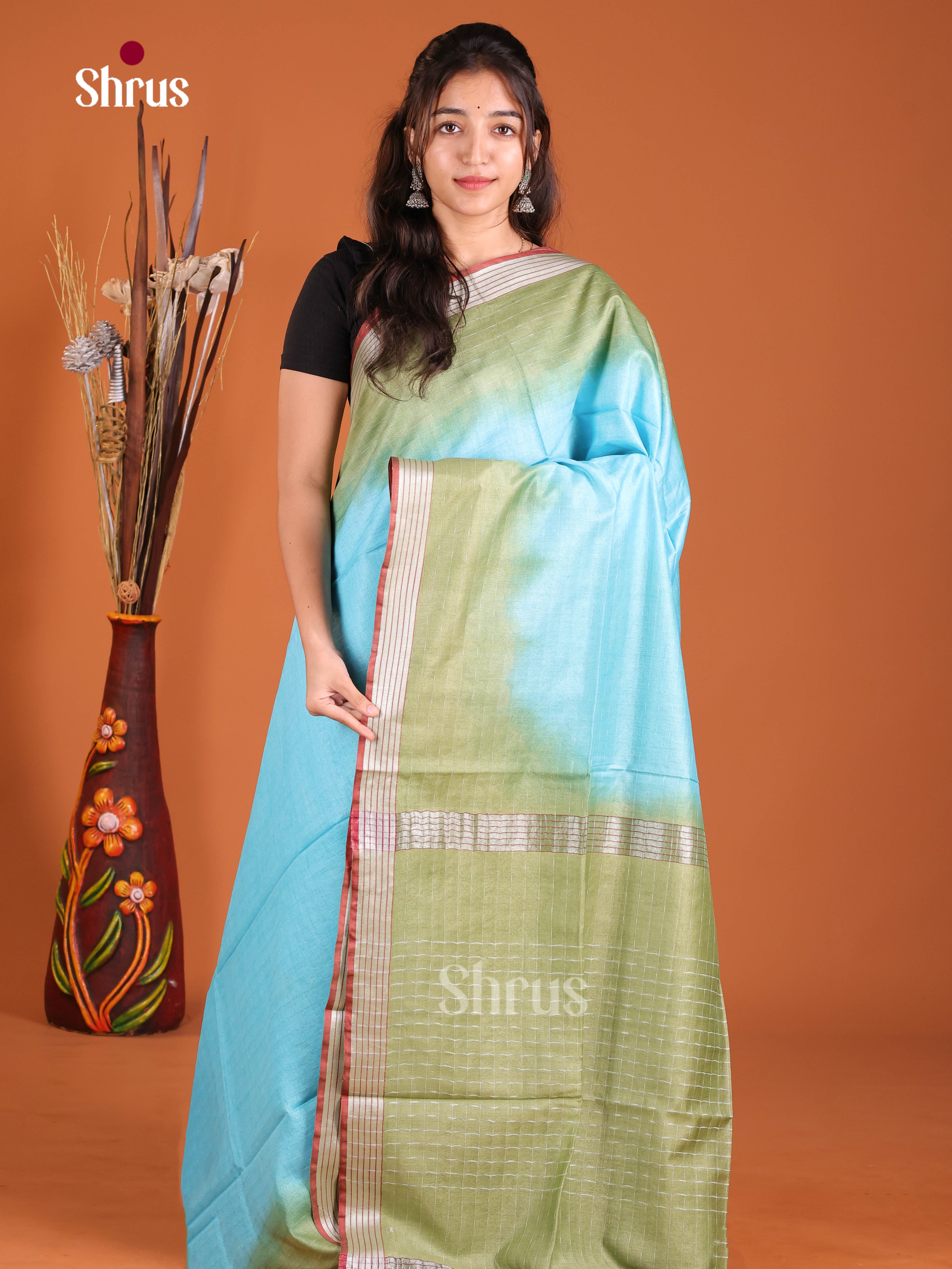 Pastel Blue & Green - Semi Tussar Saree