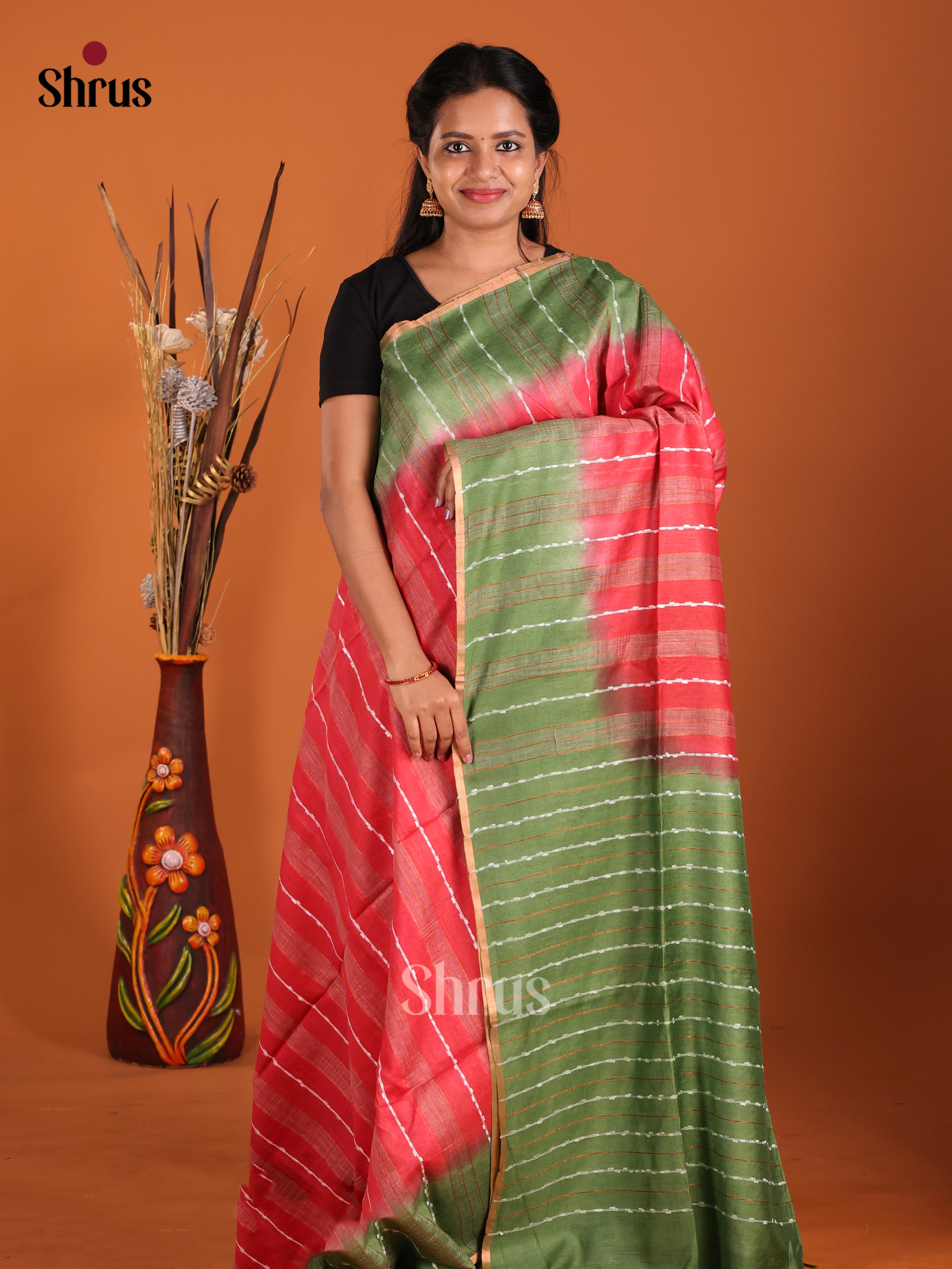 Red & Green- Semi Tussar Saree