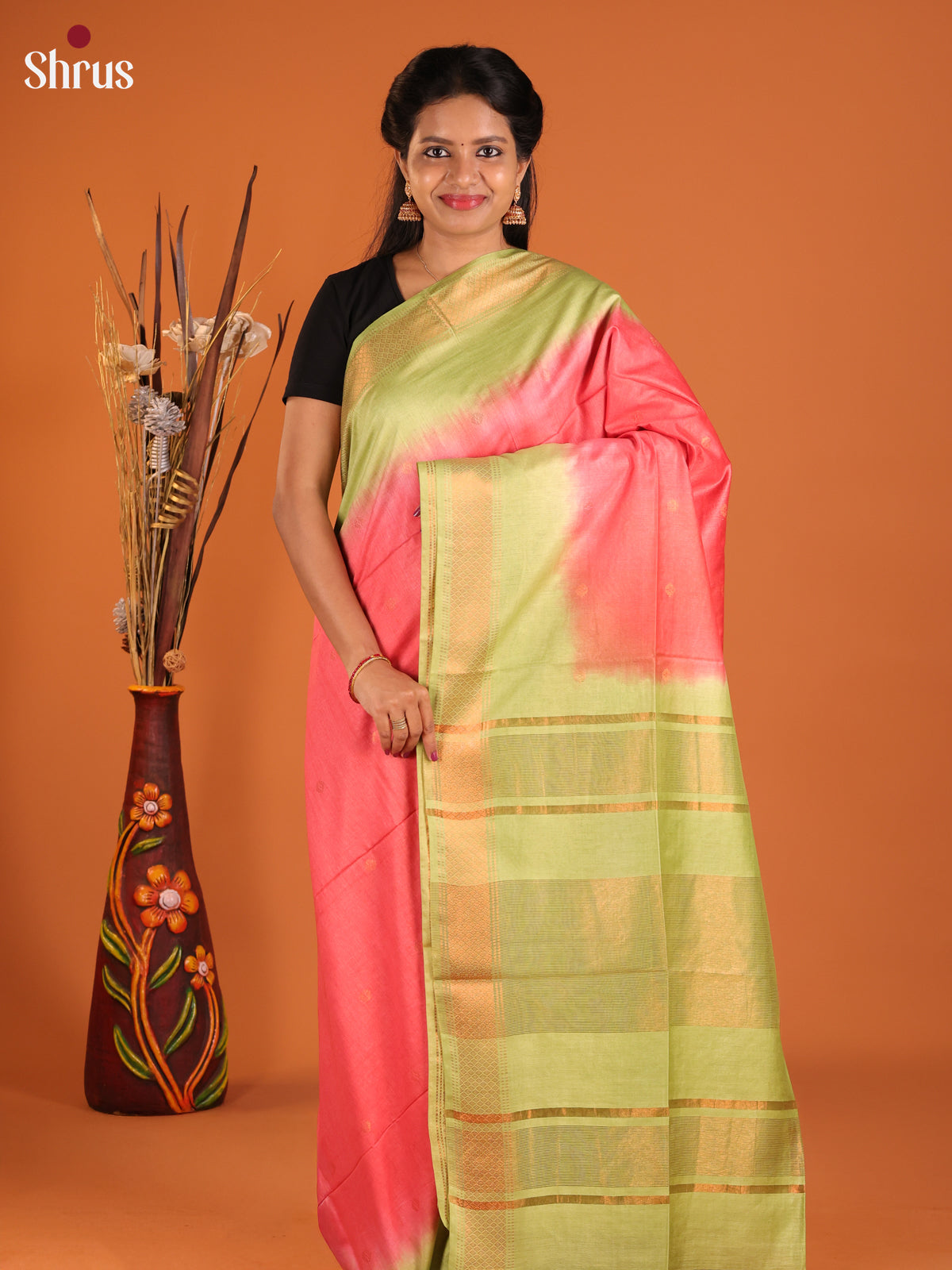 Pink & Light Green- Semi Tussar Saree