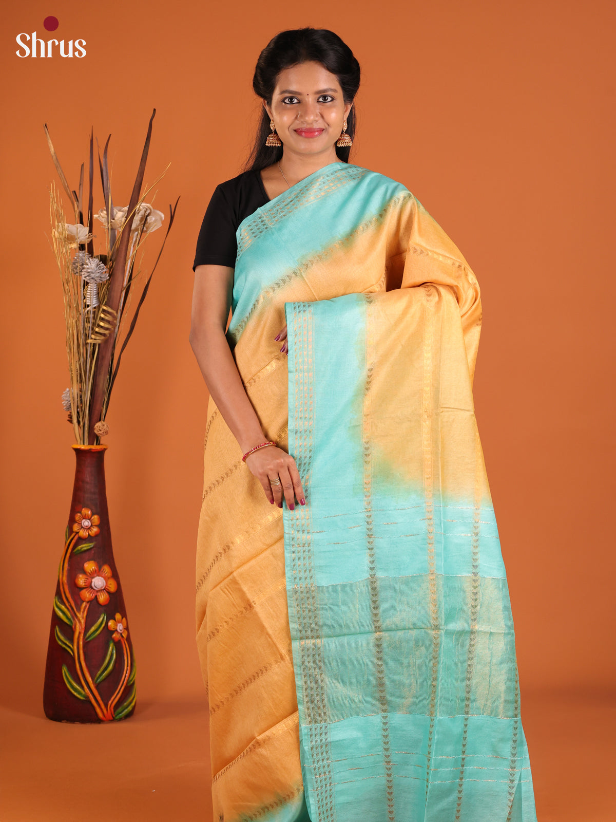 Sandal & Pastel Blue - Semi Tussar Saree