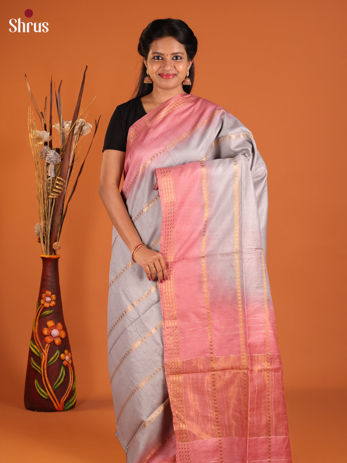 Grey & Pink - Semi Tussar Saree