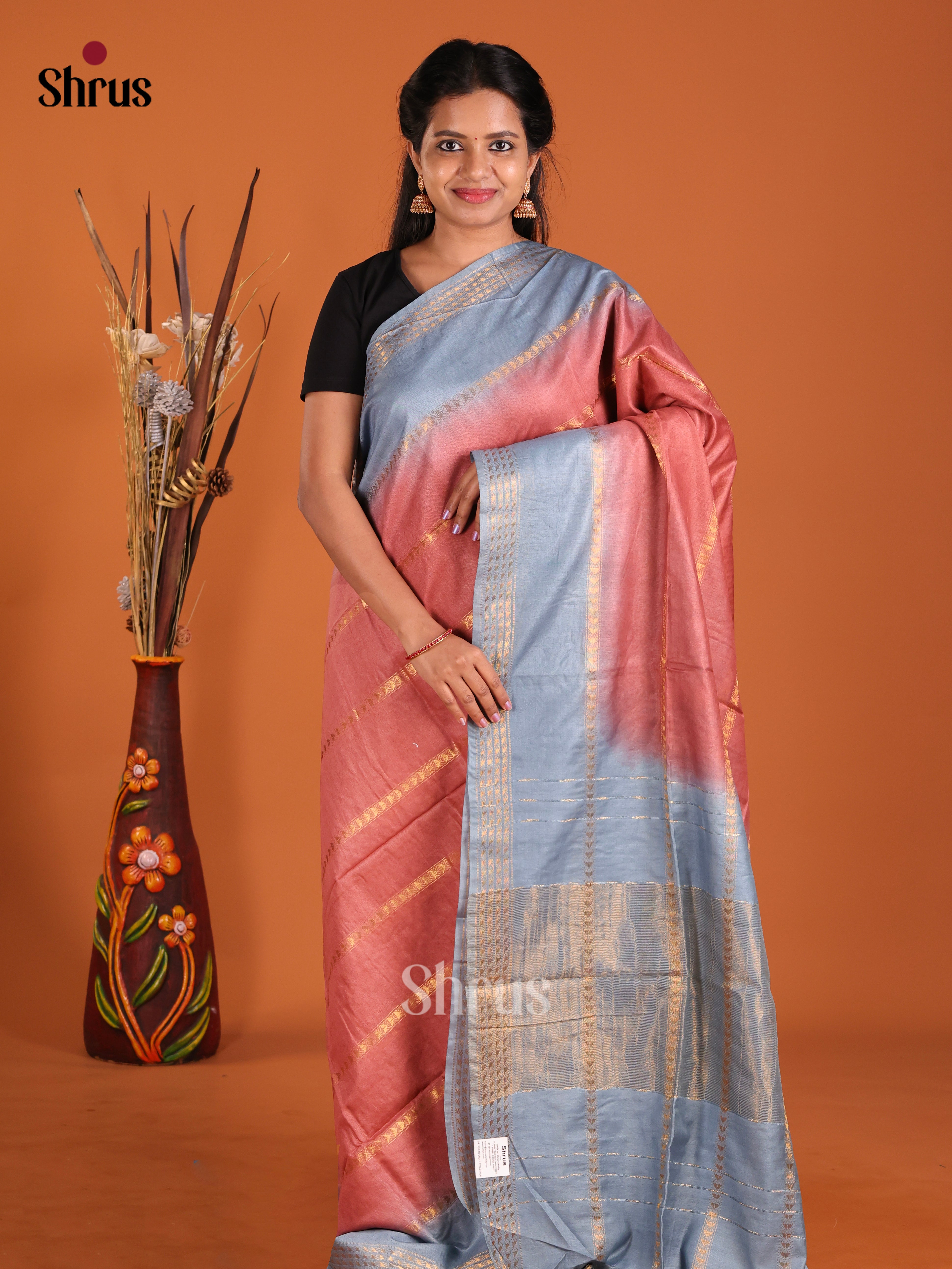 Onion Peel & Blue- Semi Tussar Saree