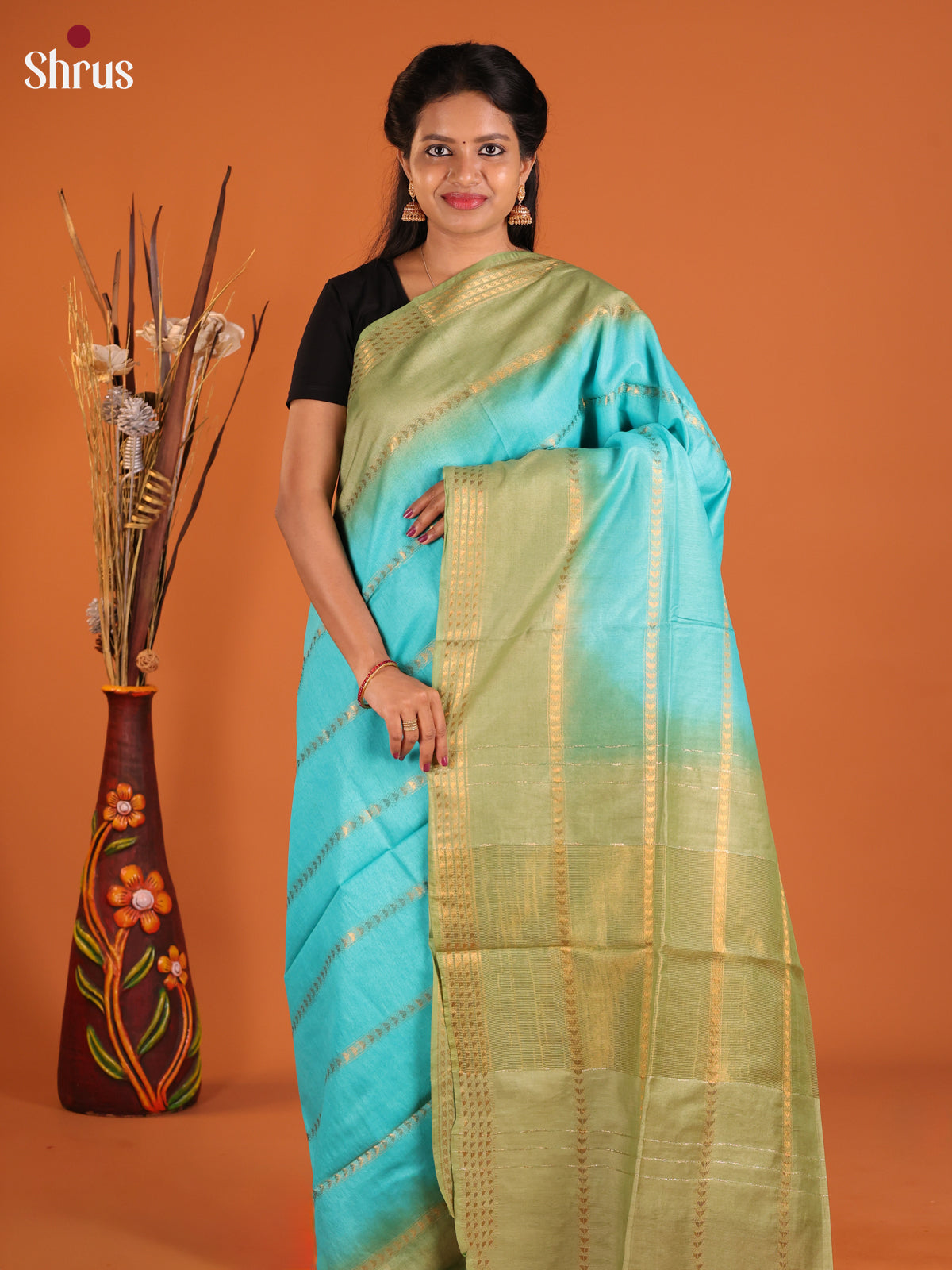 Sky Blue & Green - Semi Tussar Saree