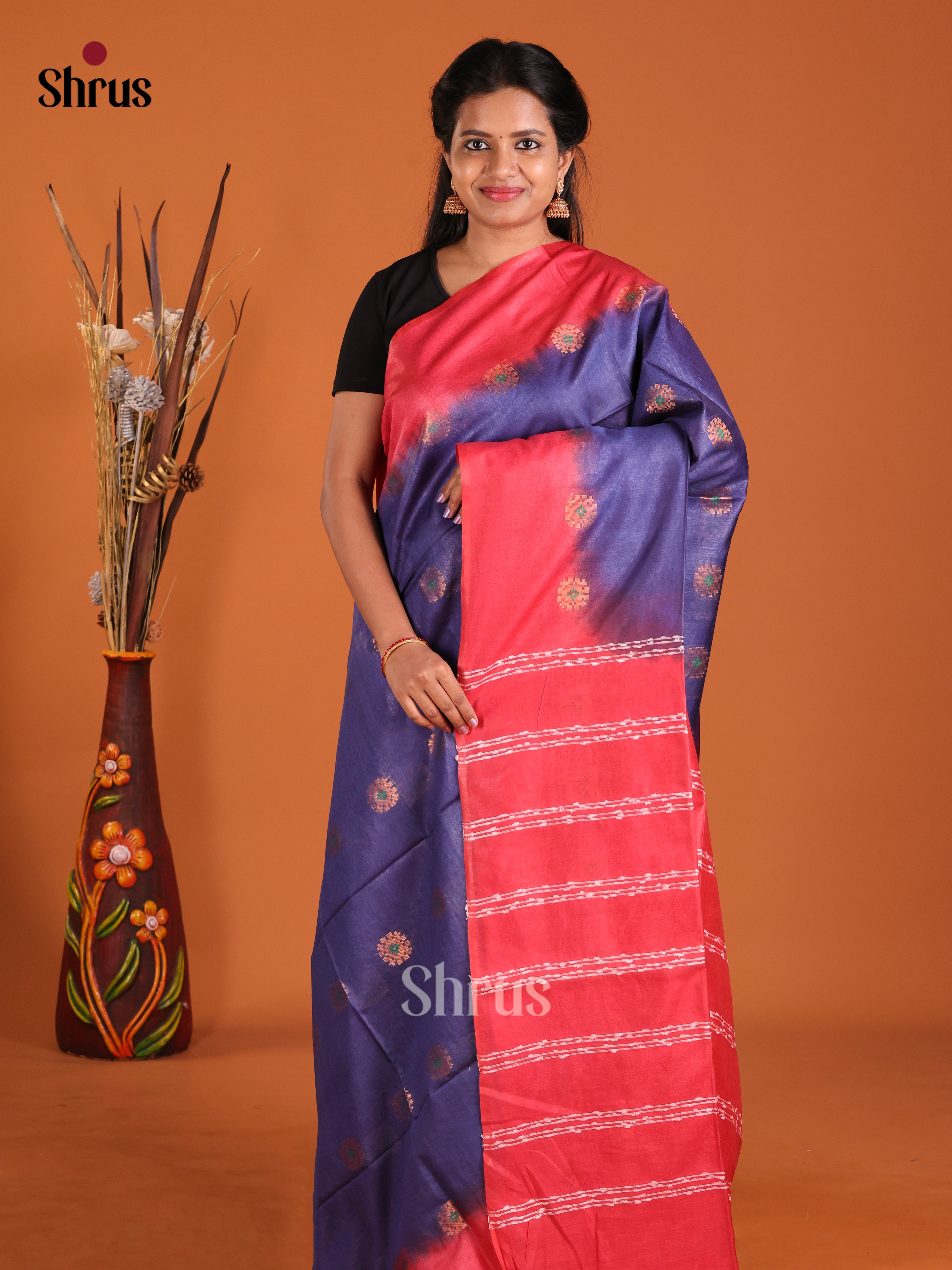 Blue & Red - Semi Tussar Saree