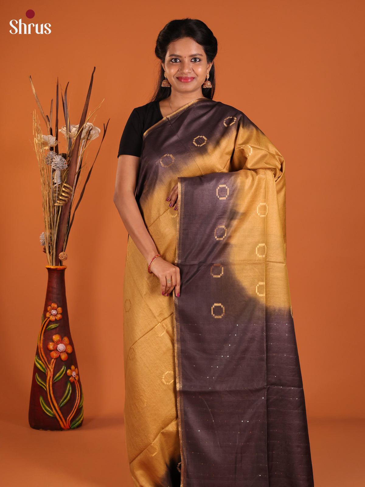 Beige & Black - Semi Tussar Saree