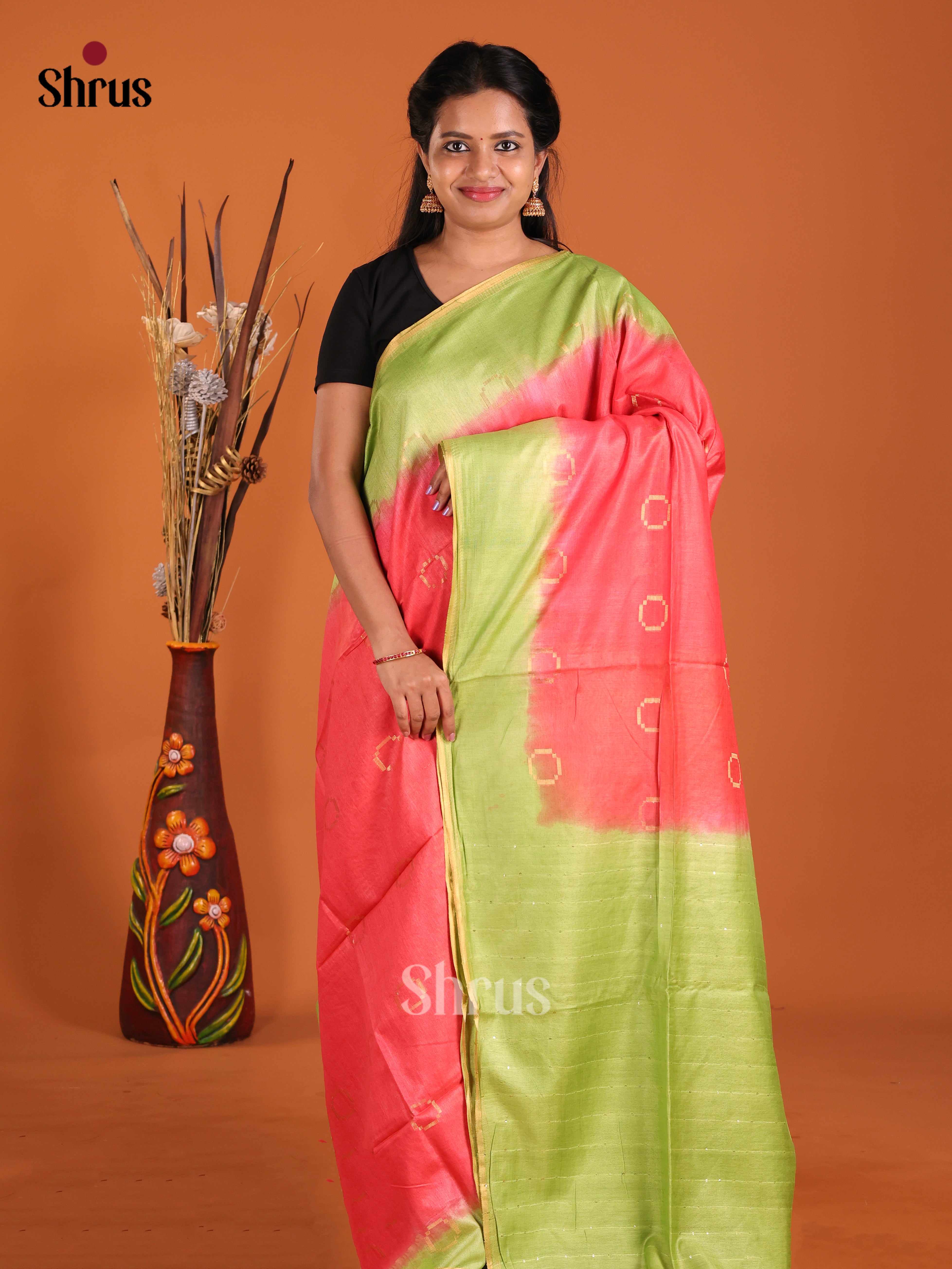 Orangish Pink & Green- Semi Tussar Saree