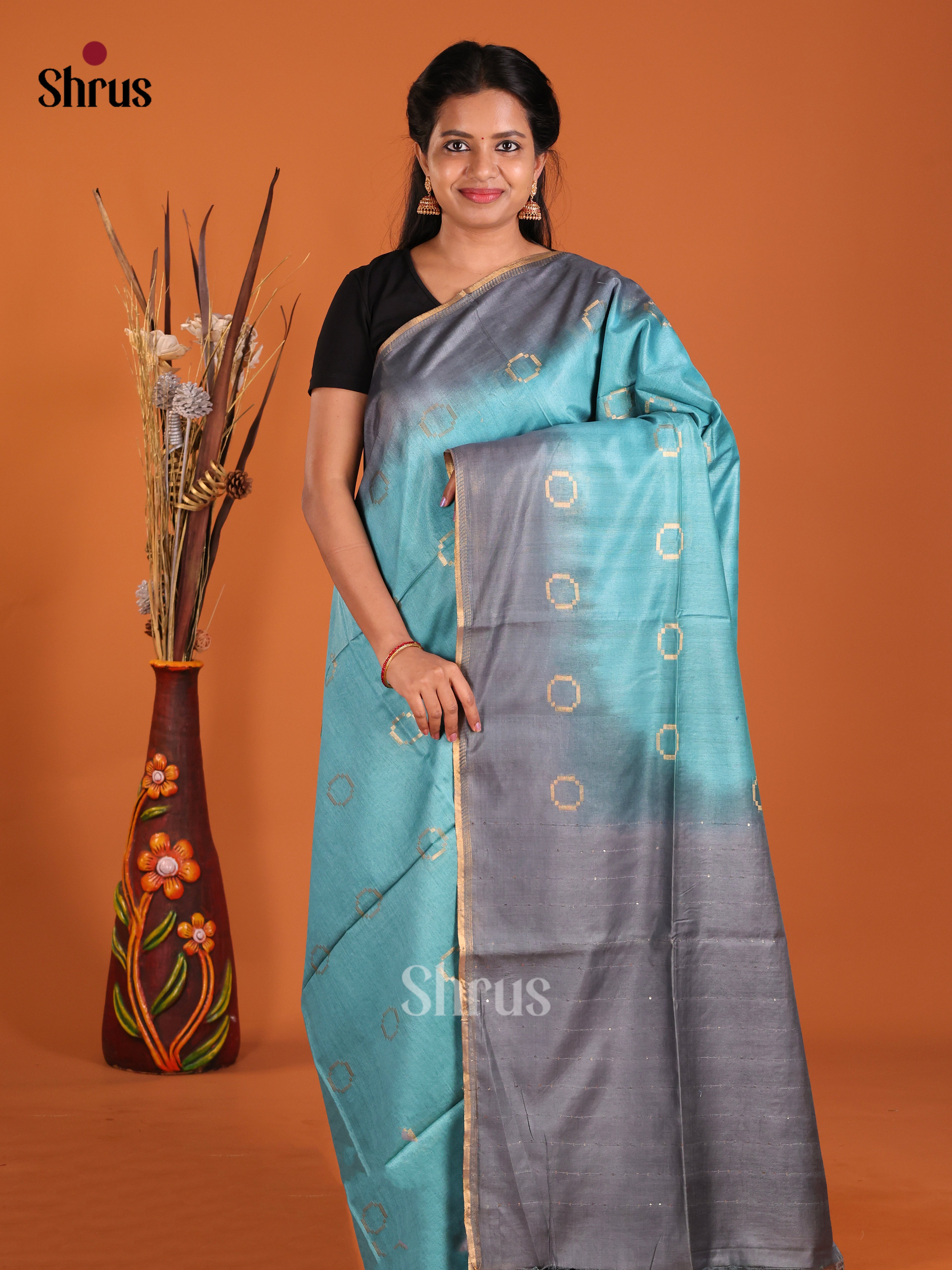 Blue & Grey - Semi Tussar Saree