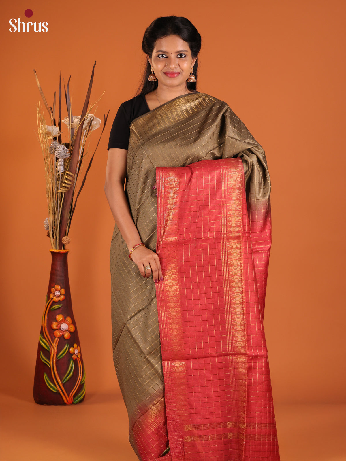 Brown & Red - Semi Tussar Saree