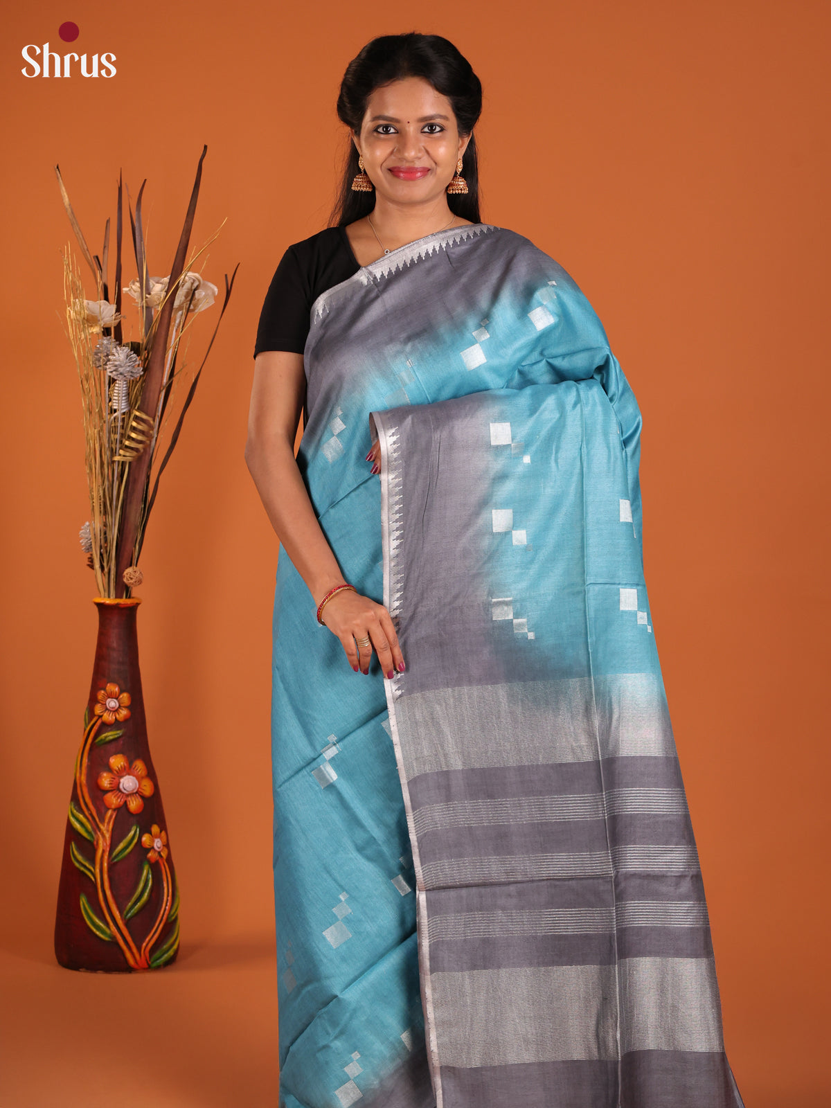Blue & Grey - Semi Tussar Saree