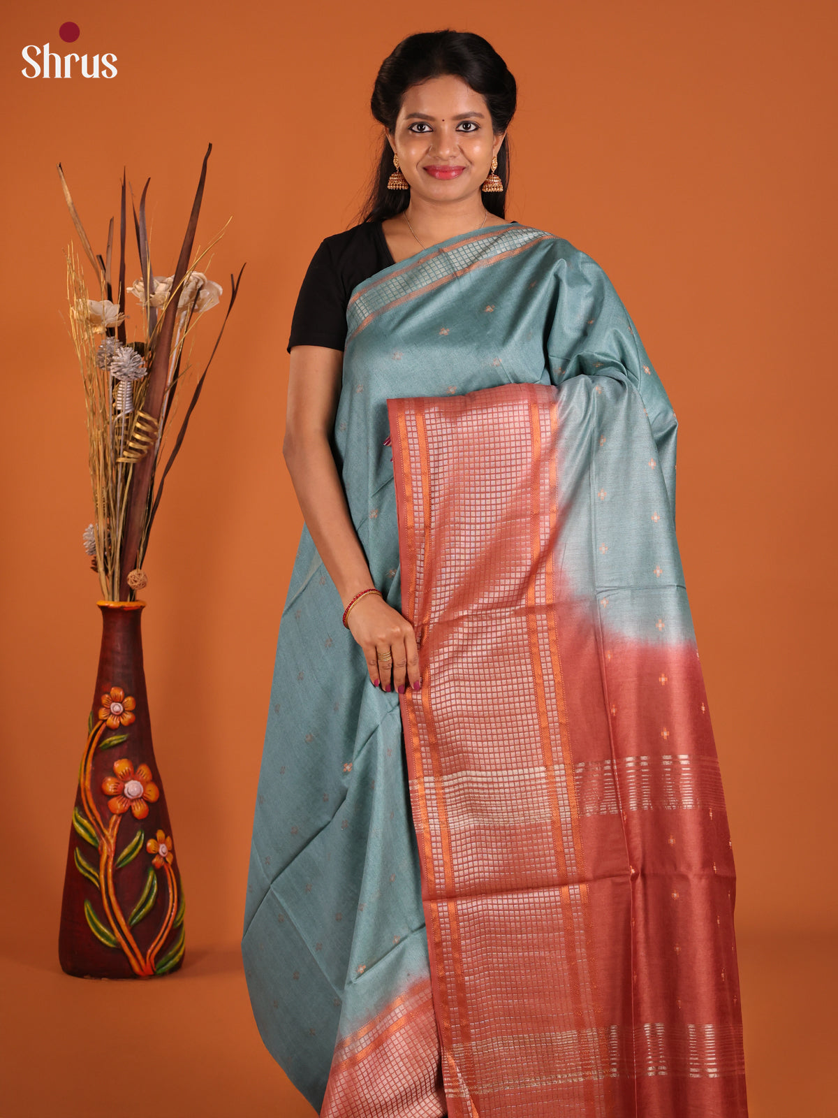 Greyish Blue & Arakku - Semi Tussar Saree