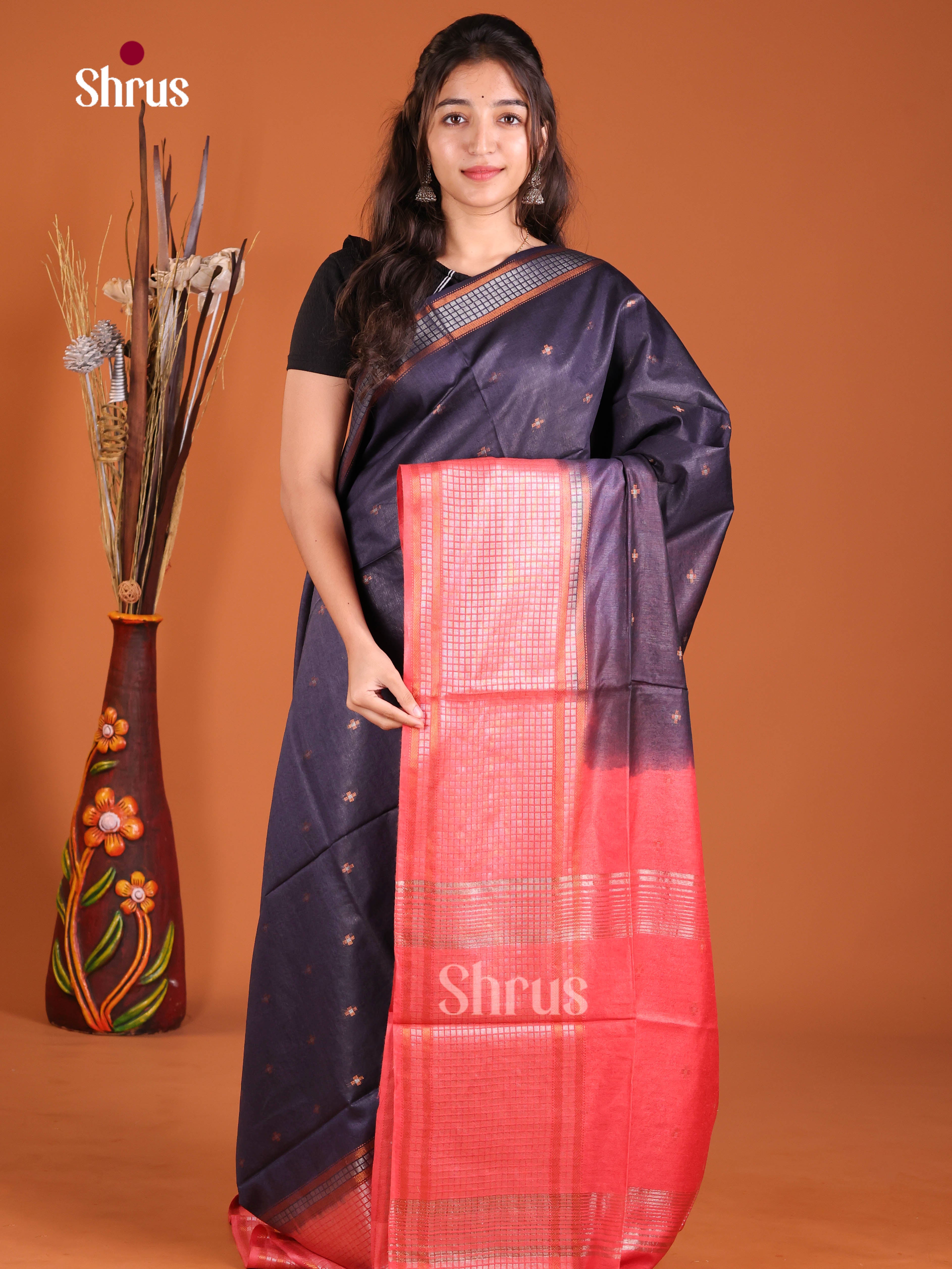 Blue & Orangish Pink- Semi Tussar Saree