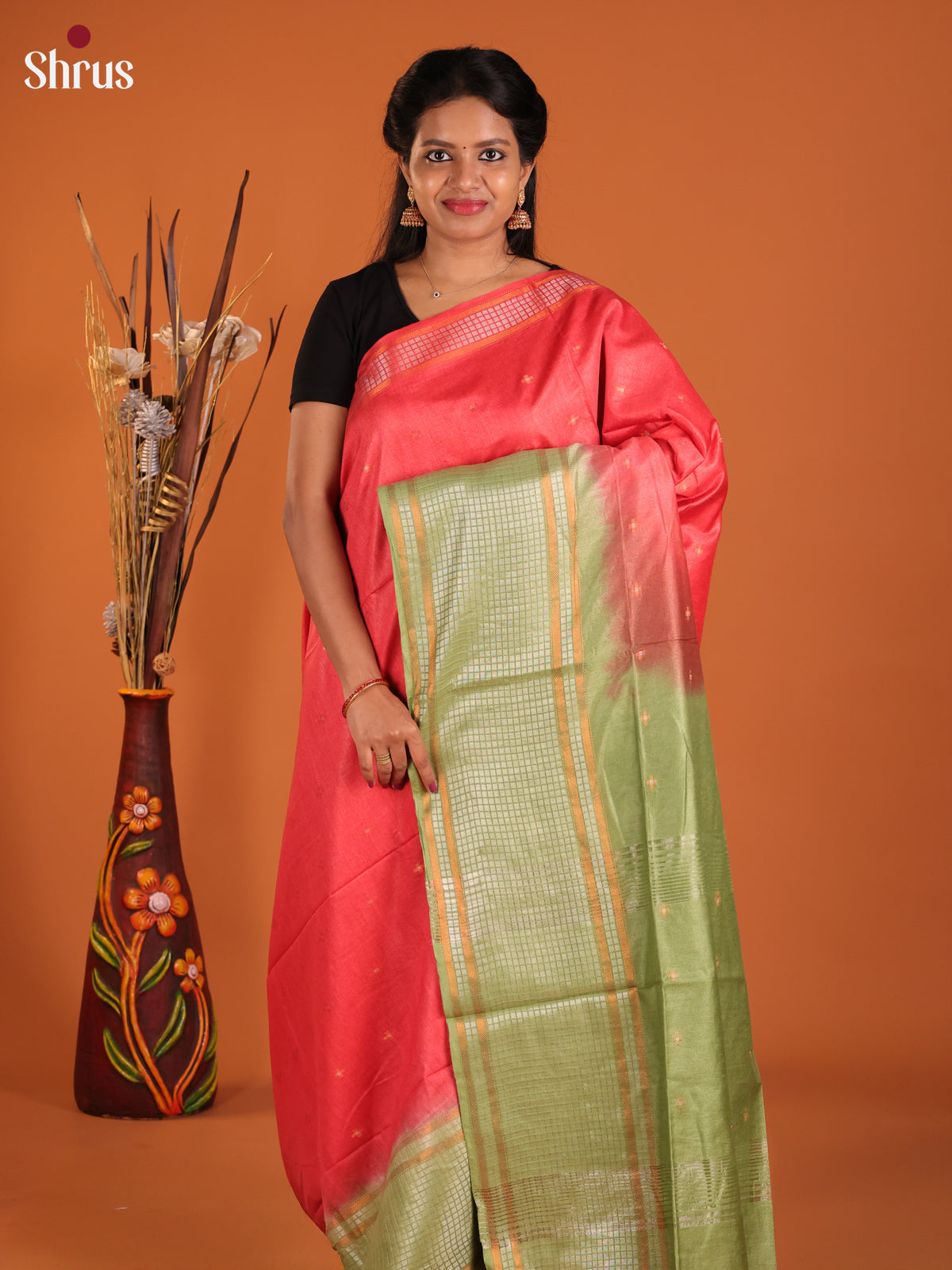 Reddish Pink & Green - Semi Tussar Saree