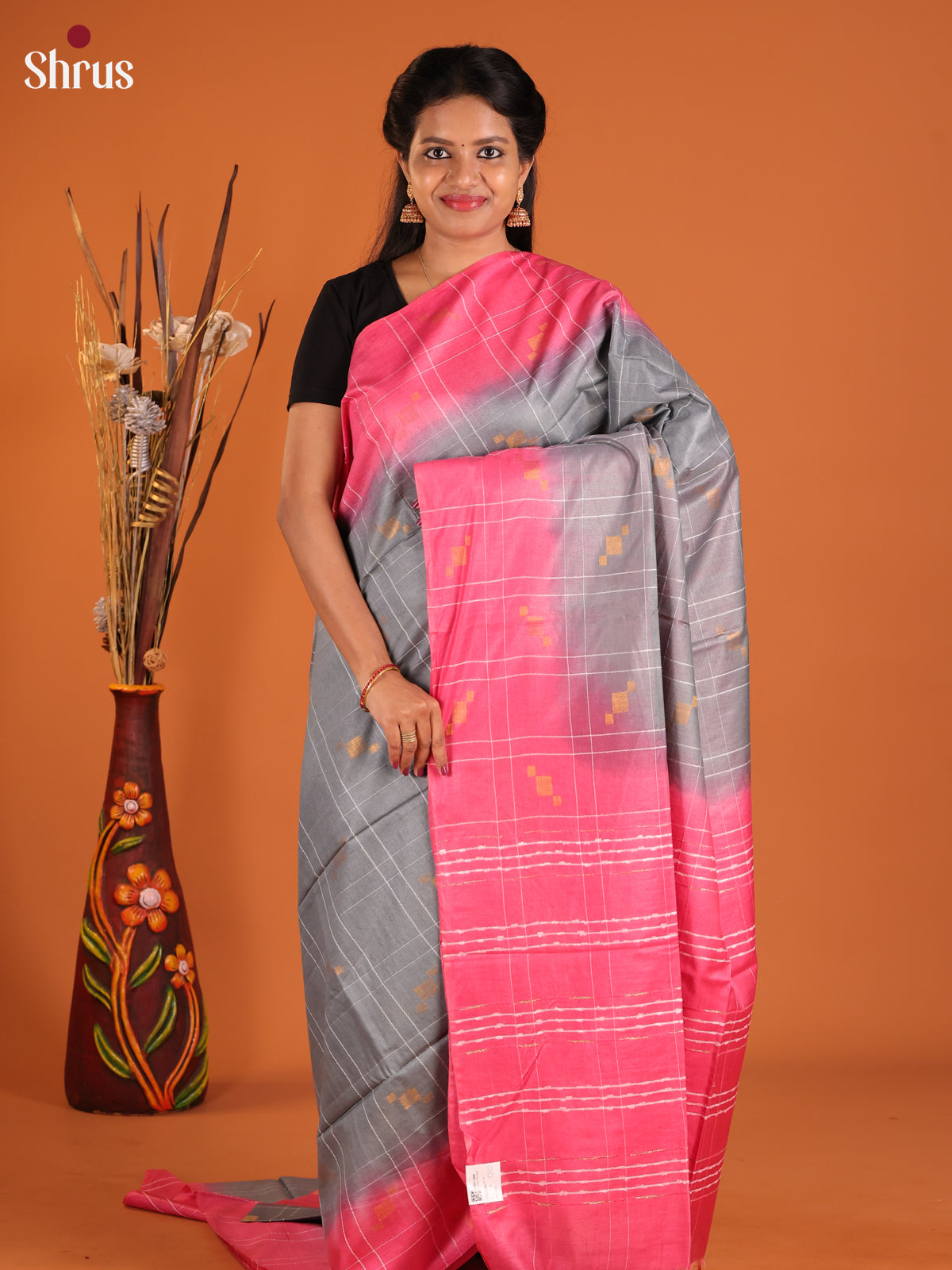 Grey & Pink - Semi Tussar Saree