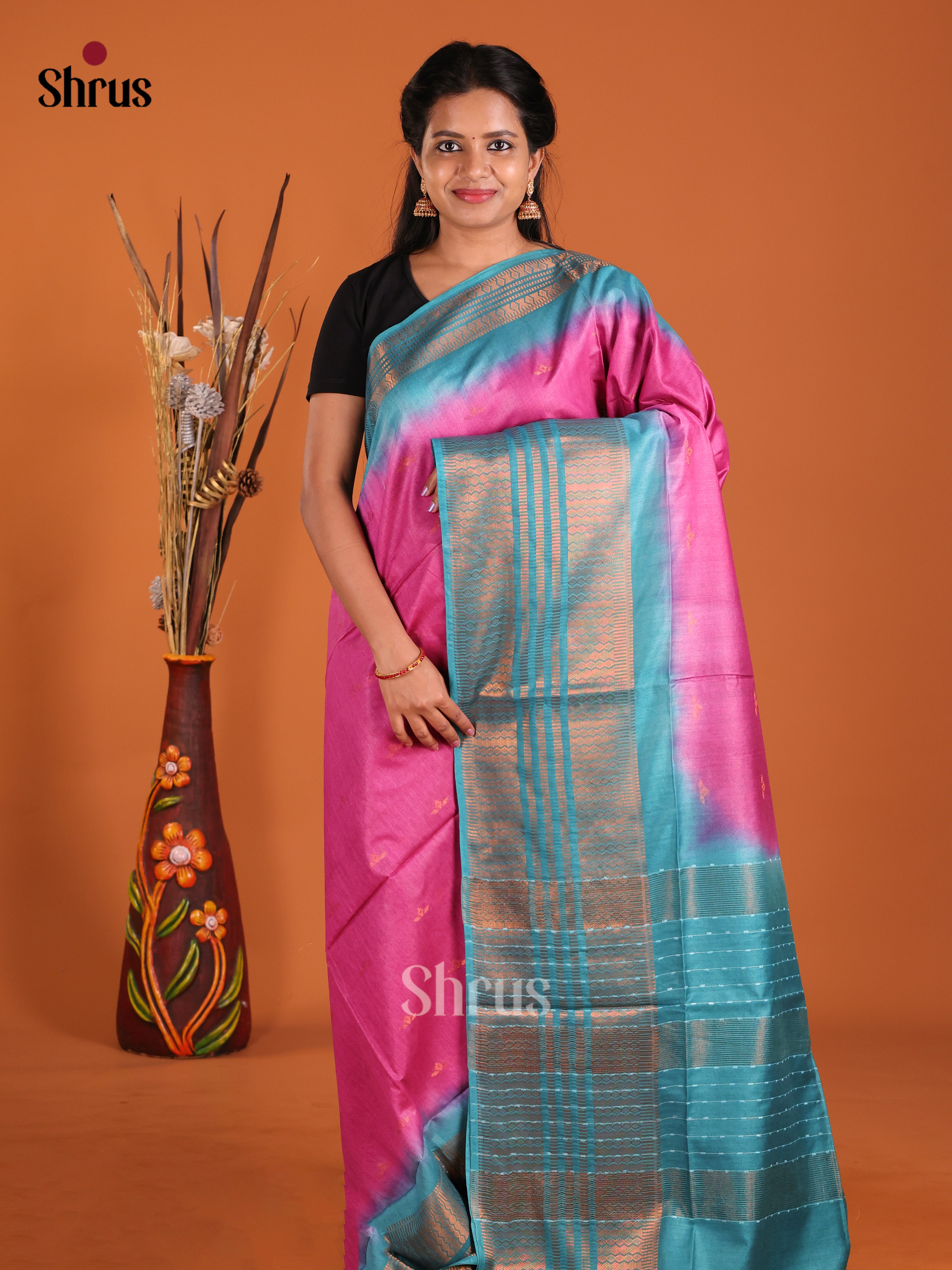 Pink & Blue - Semi Tussar Saree