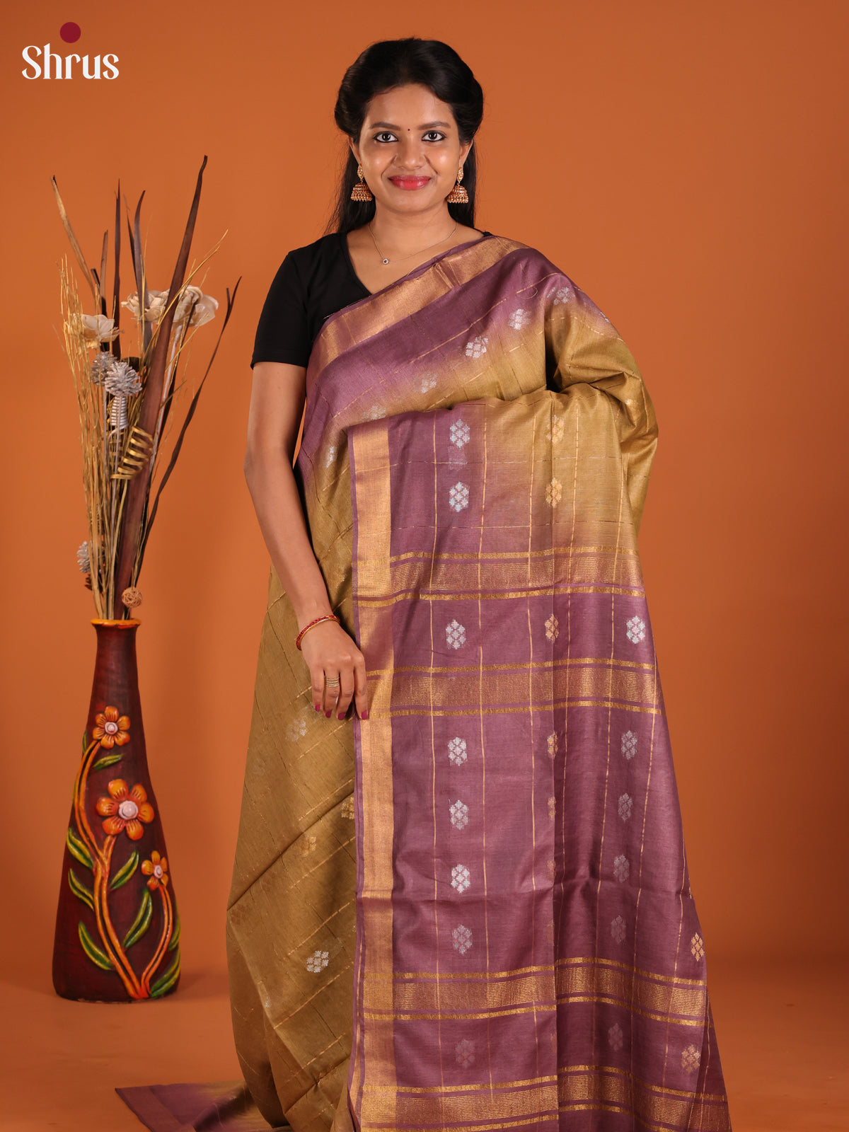 Beige & Purple - Semi Tussar Saree