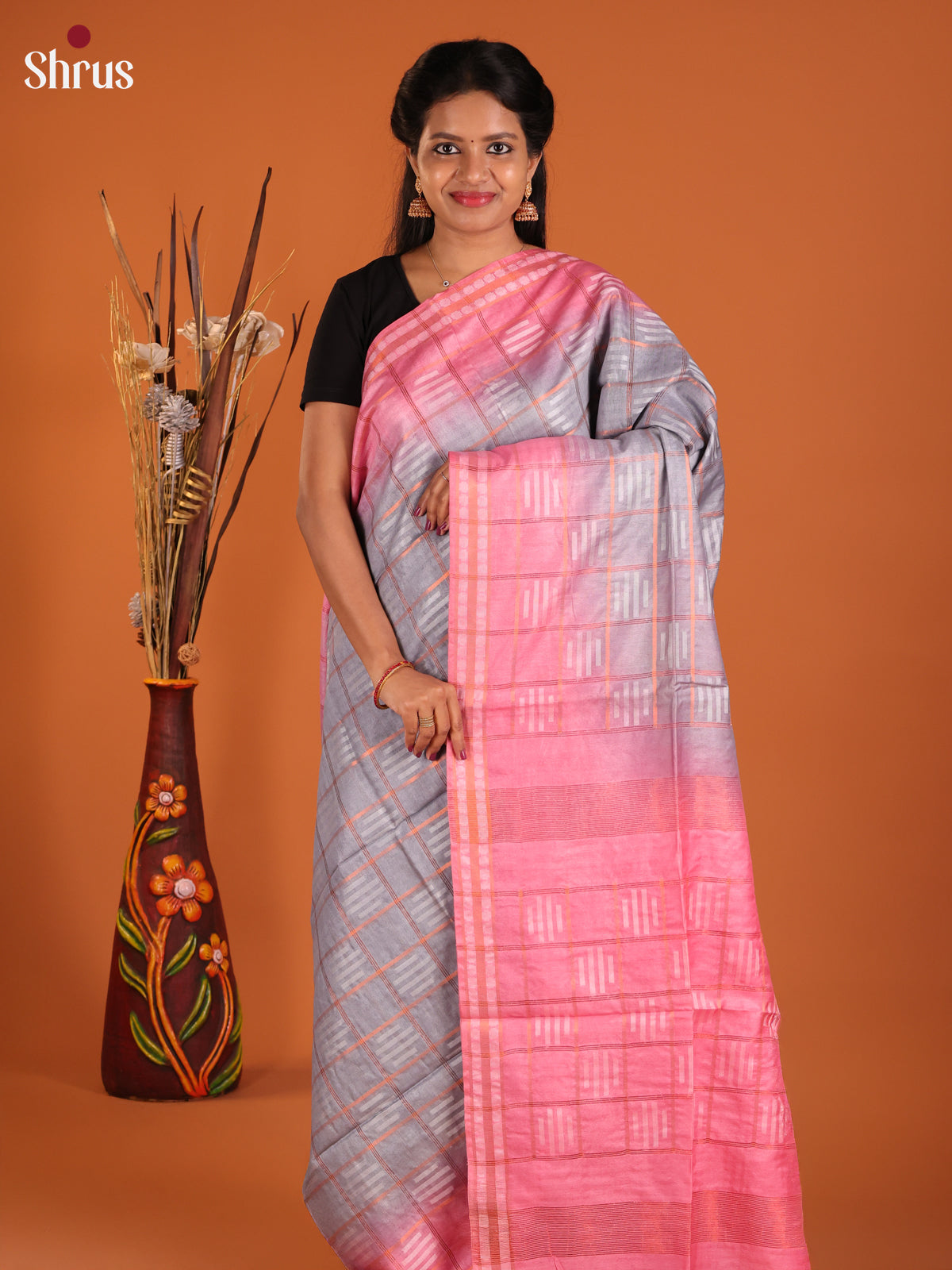 Grey & Pink - Semi Tussar Saree