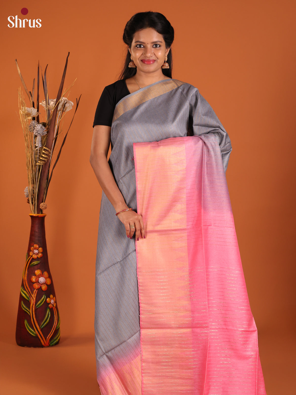 Grey & Pink - Semi Tussar Saree