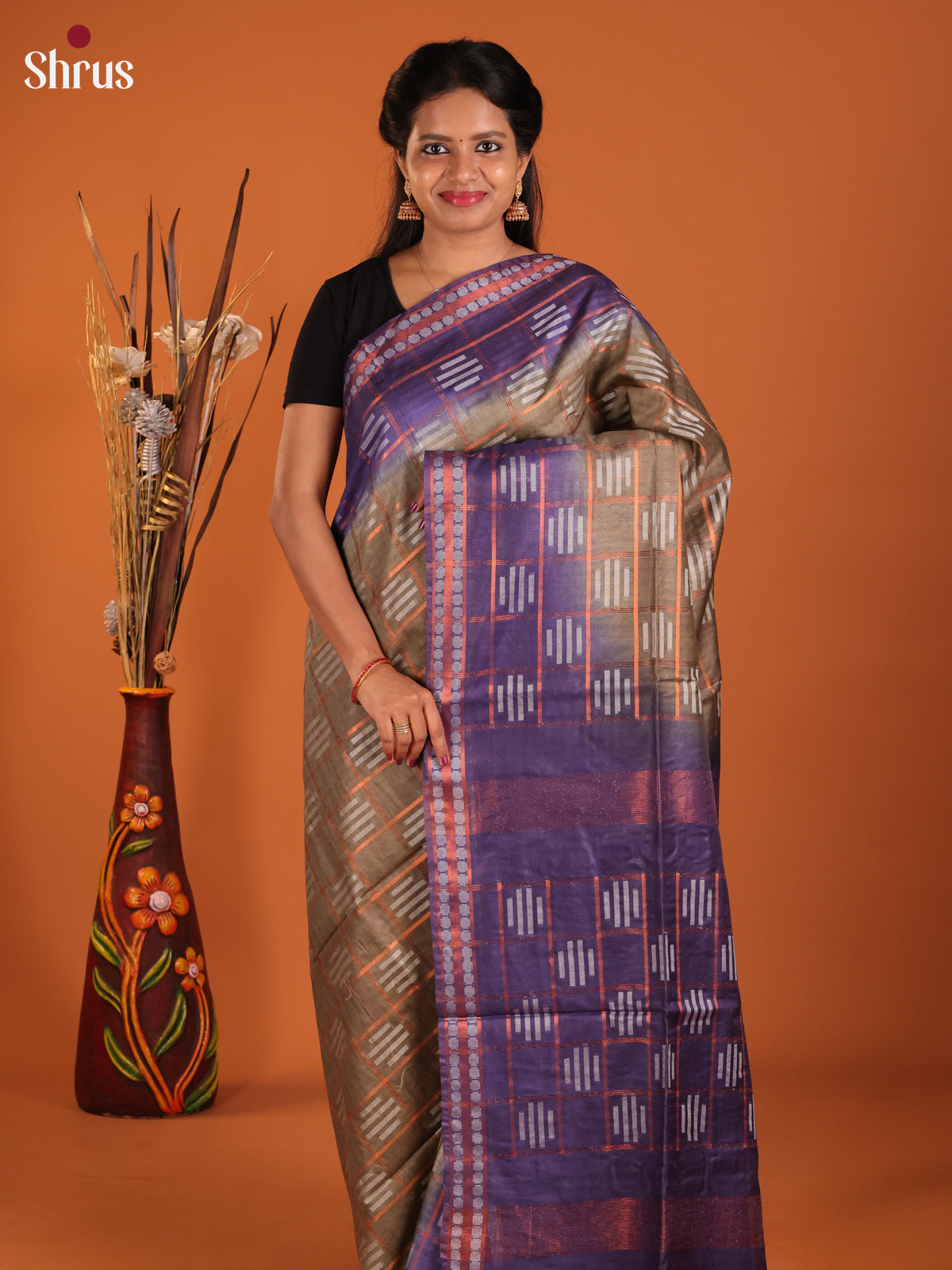 Grey & Blue - Semi Tussar Saree