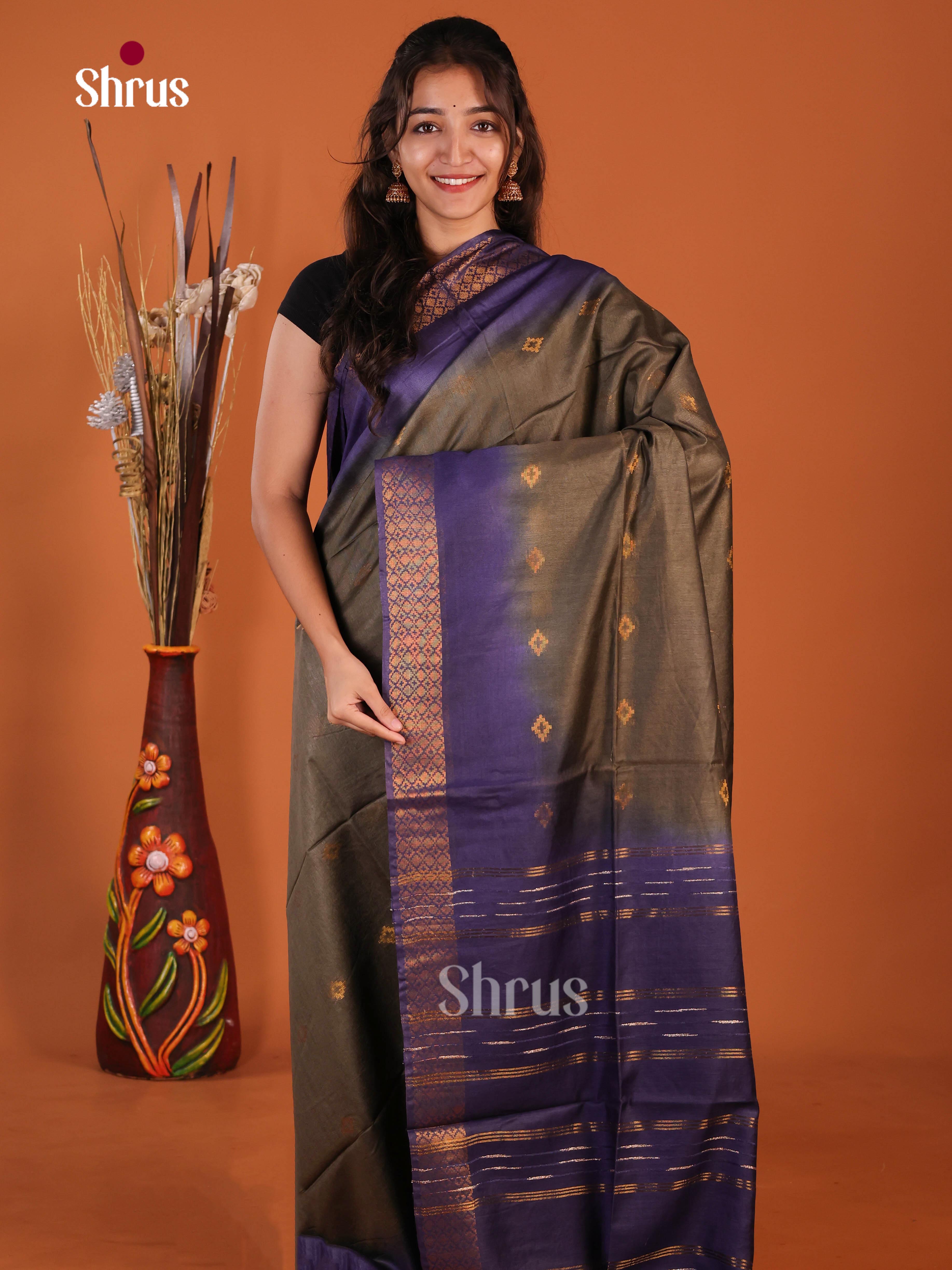 Elephant Grey & Blue - Semi Tussar Saree