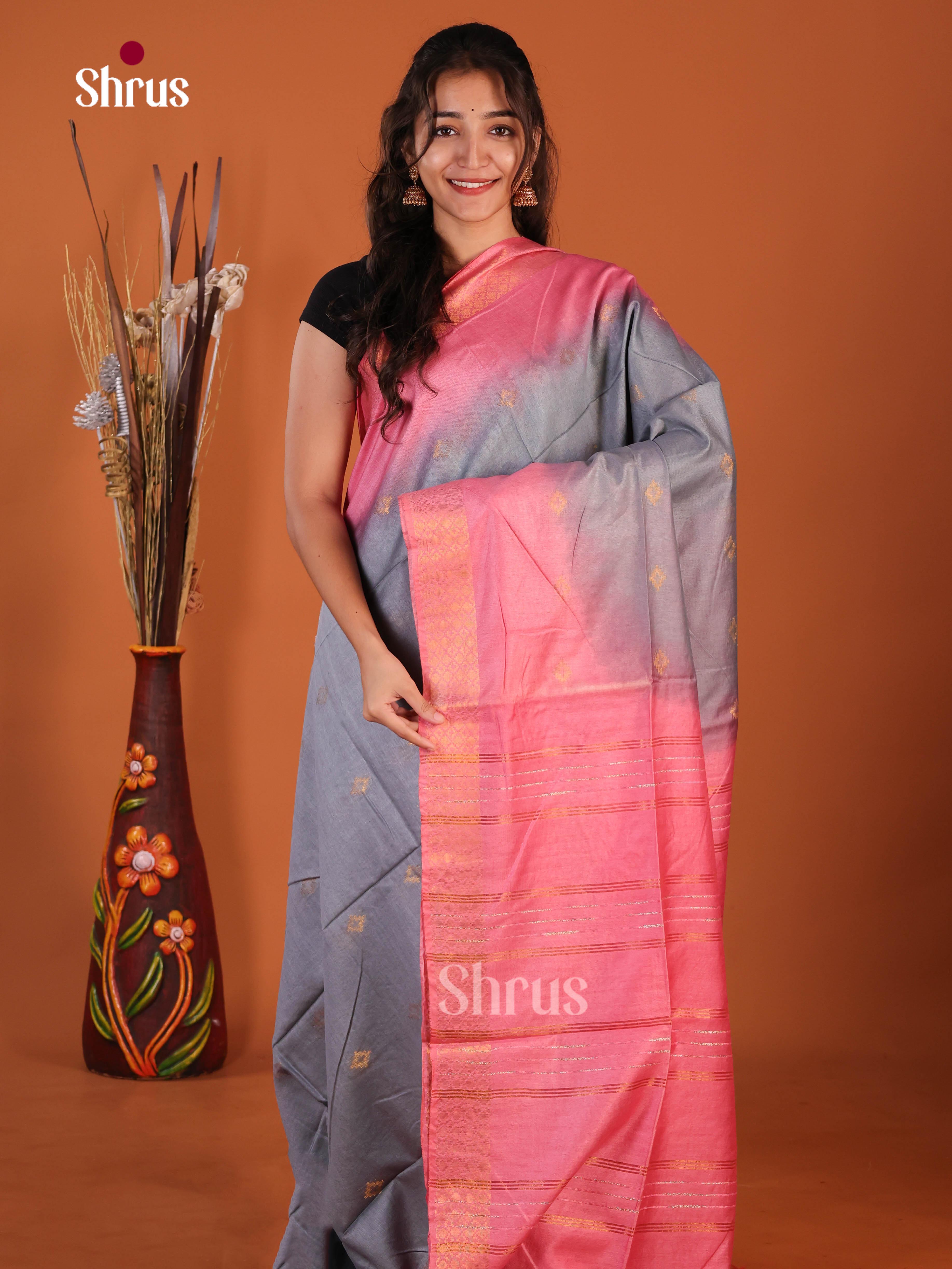 Grey & Pink - Semi Tussar Saree