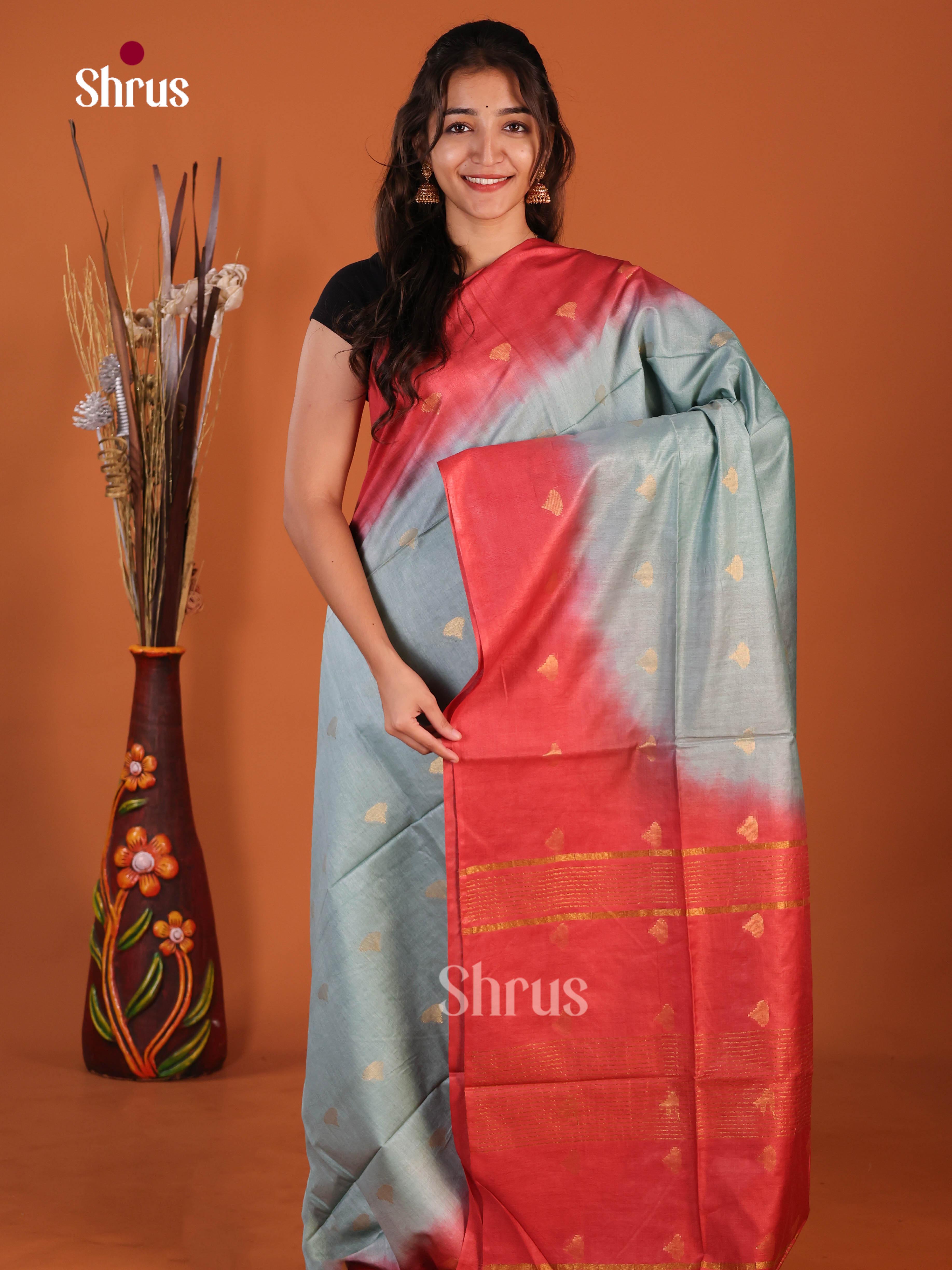 Blue & Red - Semi Tussar Saree
