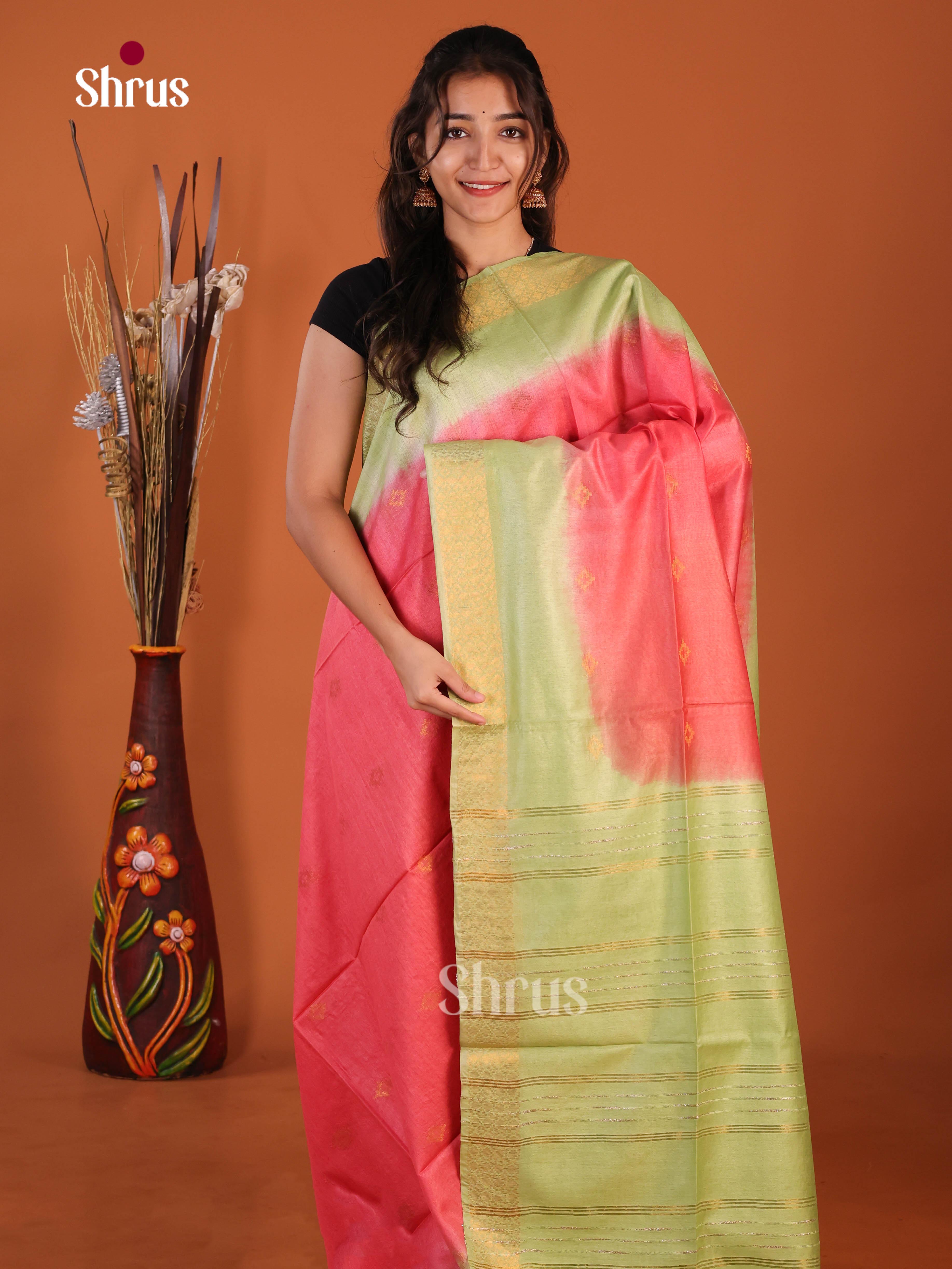 Peachish Pink & Green - Semi Tussar Saree