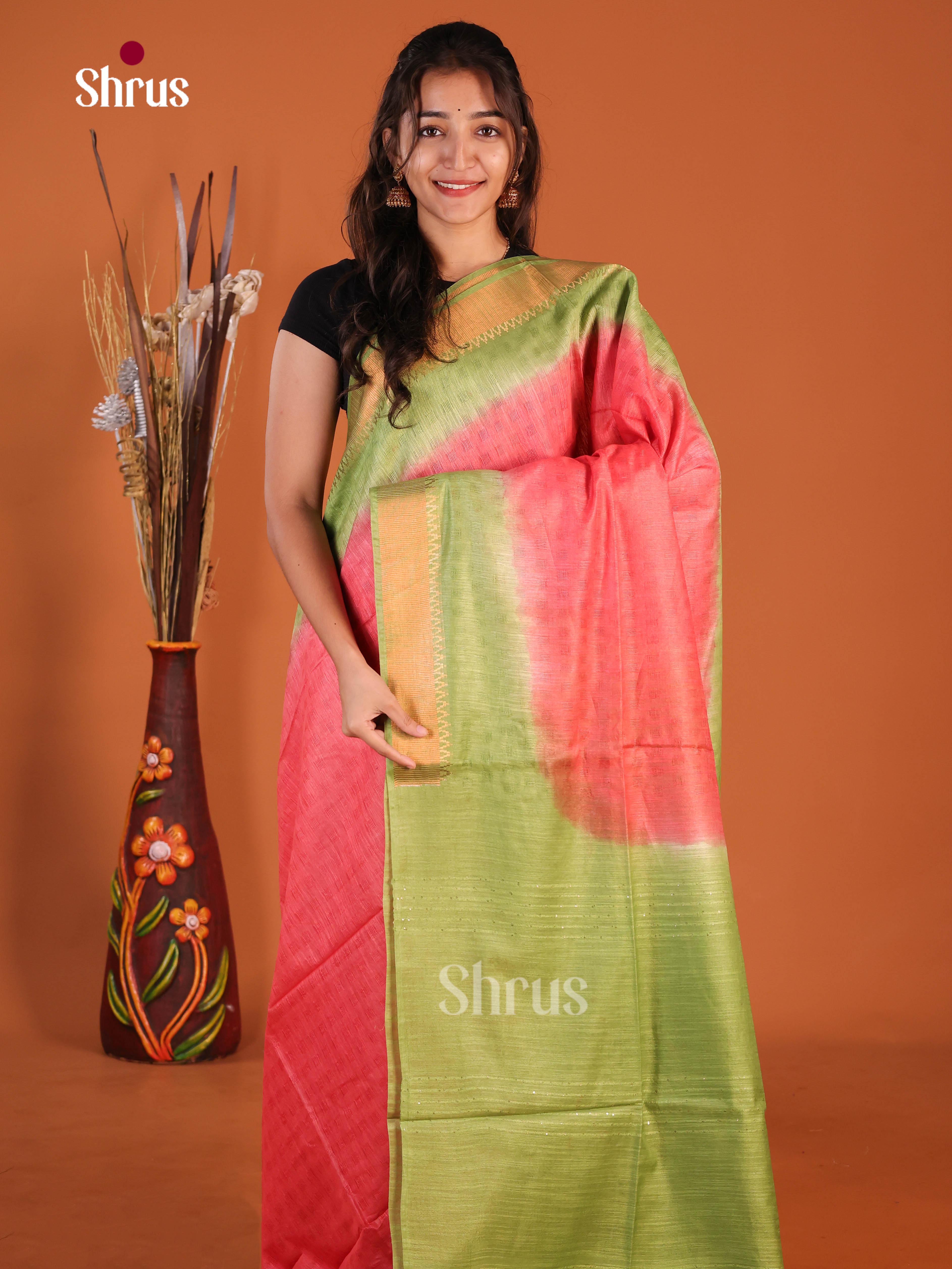 Peachish Pink & Green - Semi Tussar Saree
