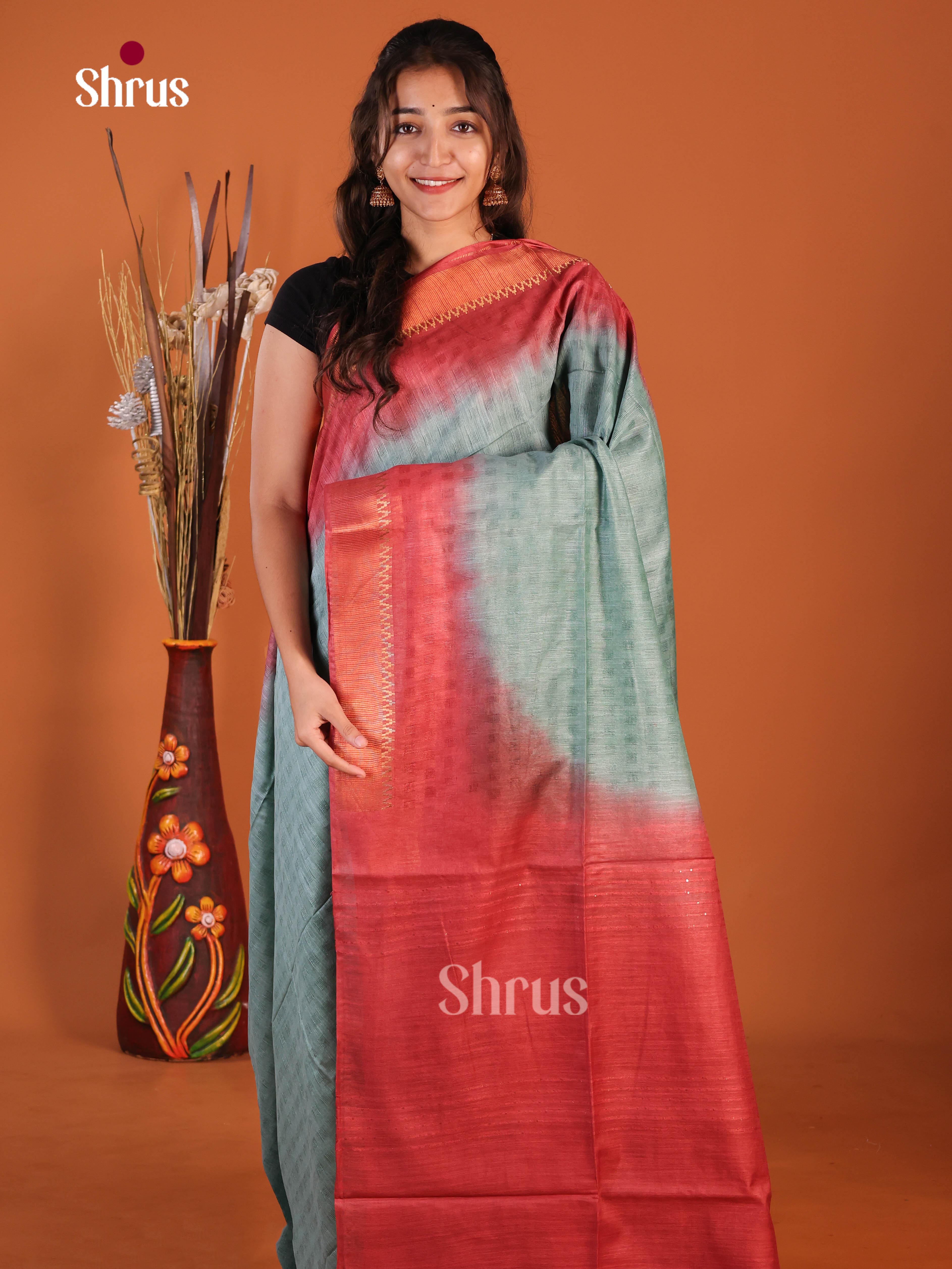 Blue & Red - Semi Tussar Saree